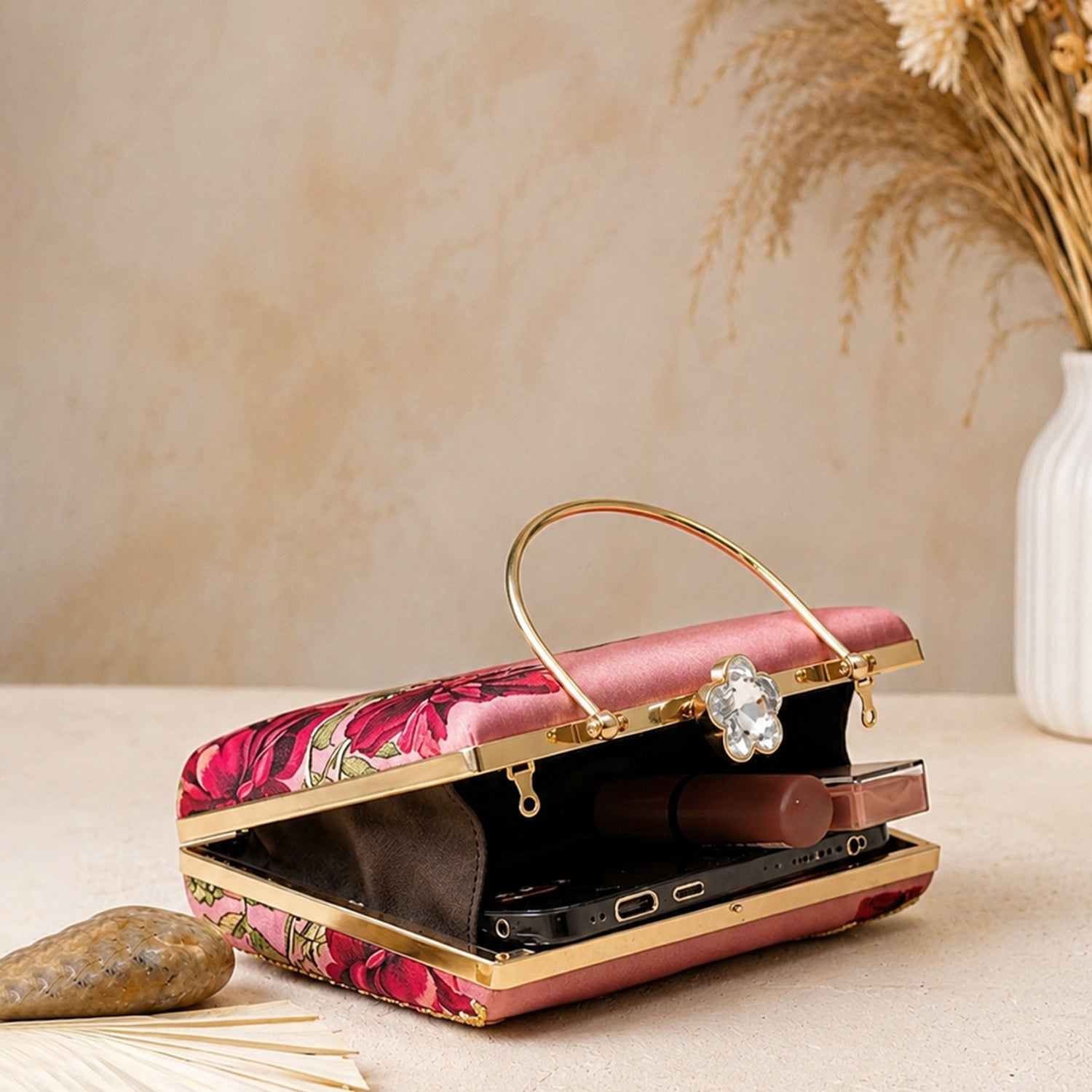 Artklim Pink Rose Embroidered Designer Clutch Bag