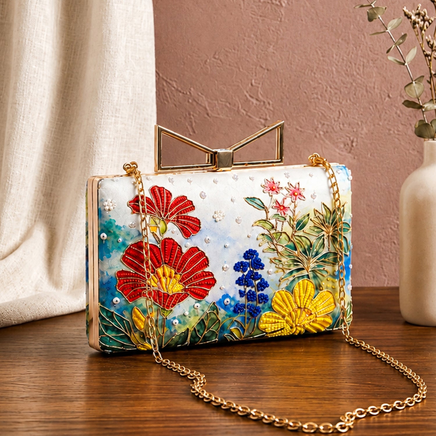 Artklim Printed Multicolor Botanical Floral Designer Clutch with Hand Embroidery