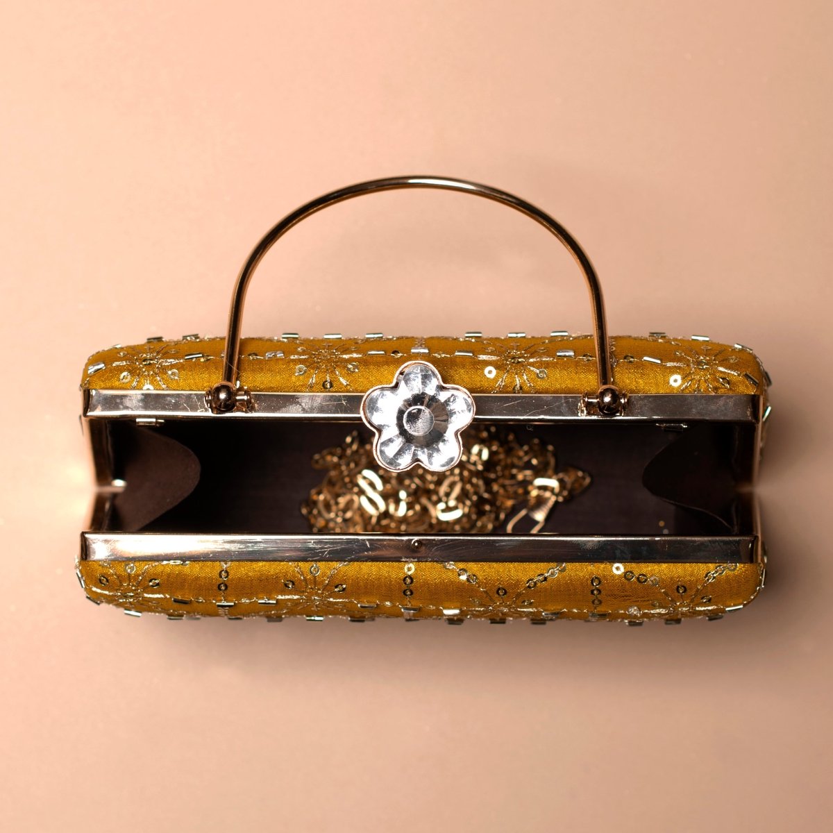 Artklim Mustard Yellow Sequins Embroidery Clutch
