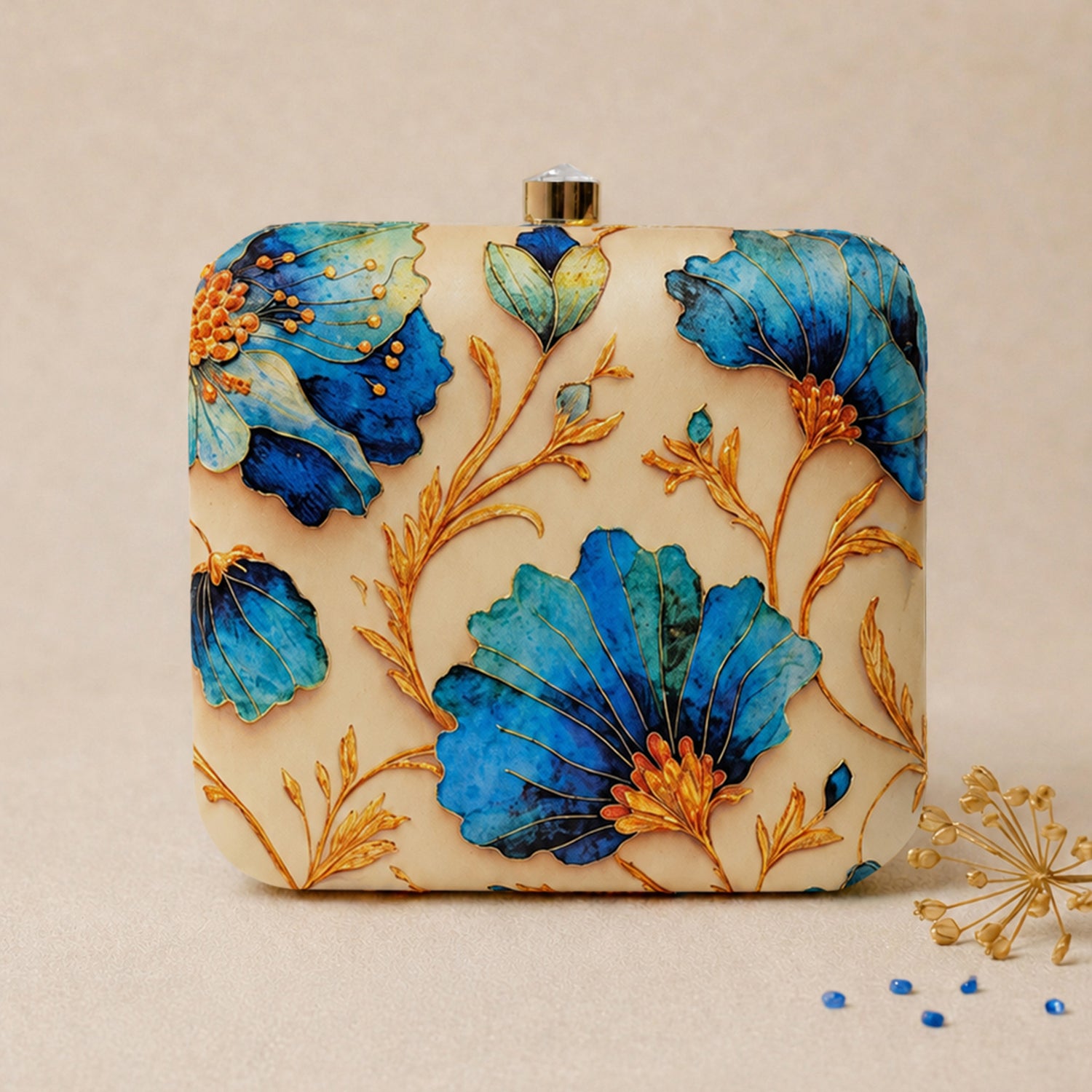 Artklim Printed Blue Floral Beaded Clutch with Hand Embroidery