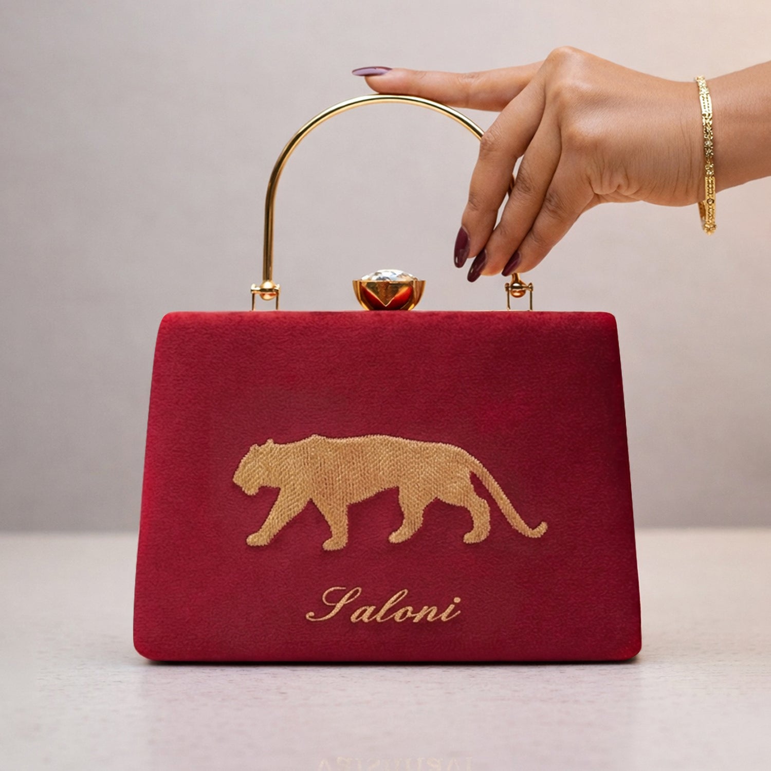Artklim Timeless Bond Set: Personalized Tiger Clutch & Floral Rakhi Watch