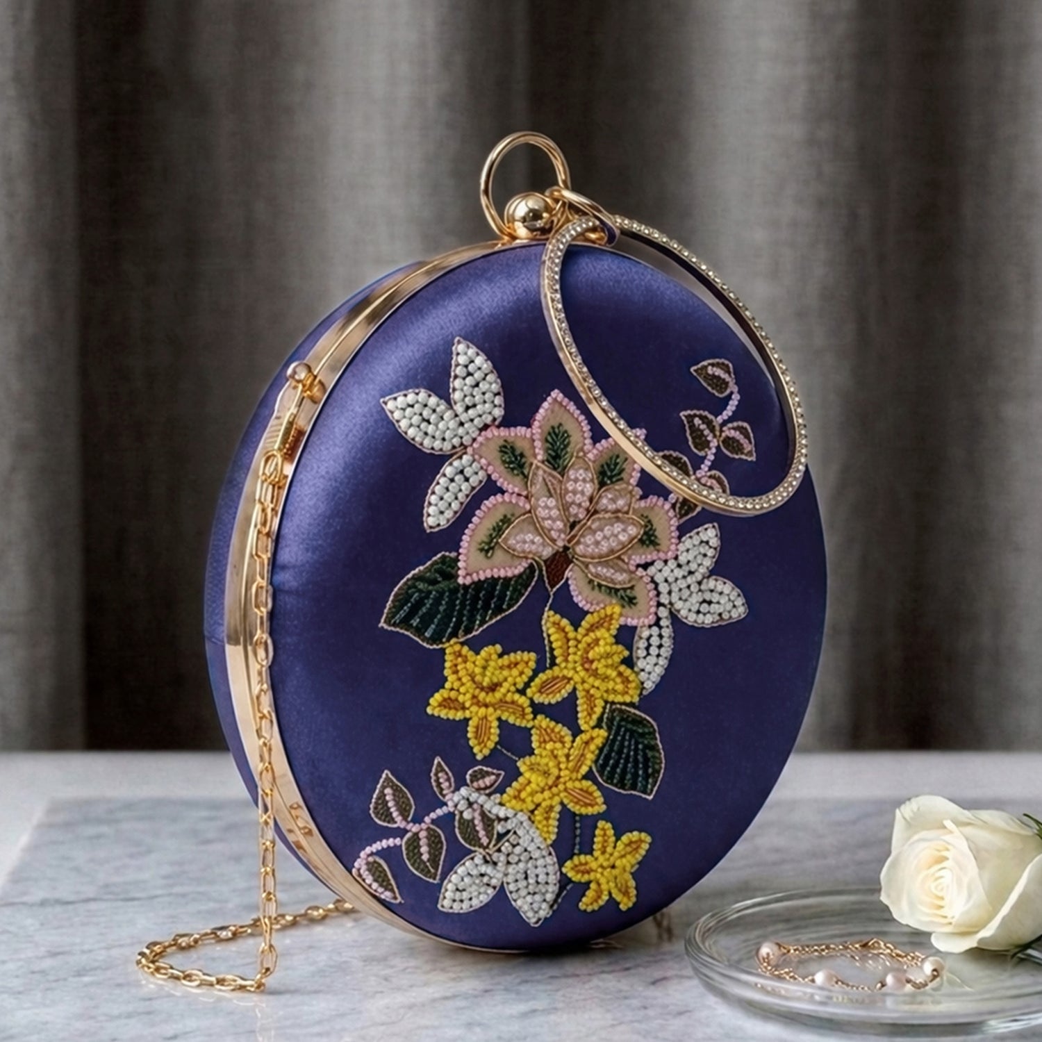 Artklim Printed Navy Blue Round Floral Clutch with Hand Embroidery