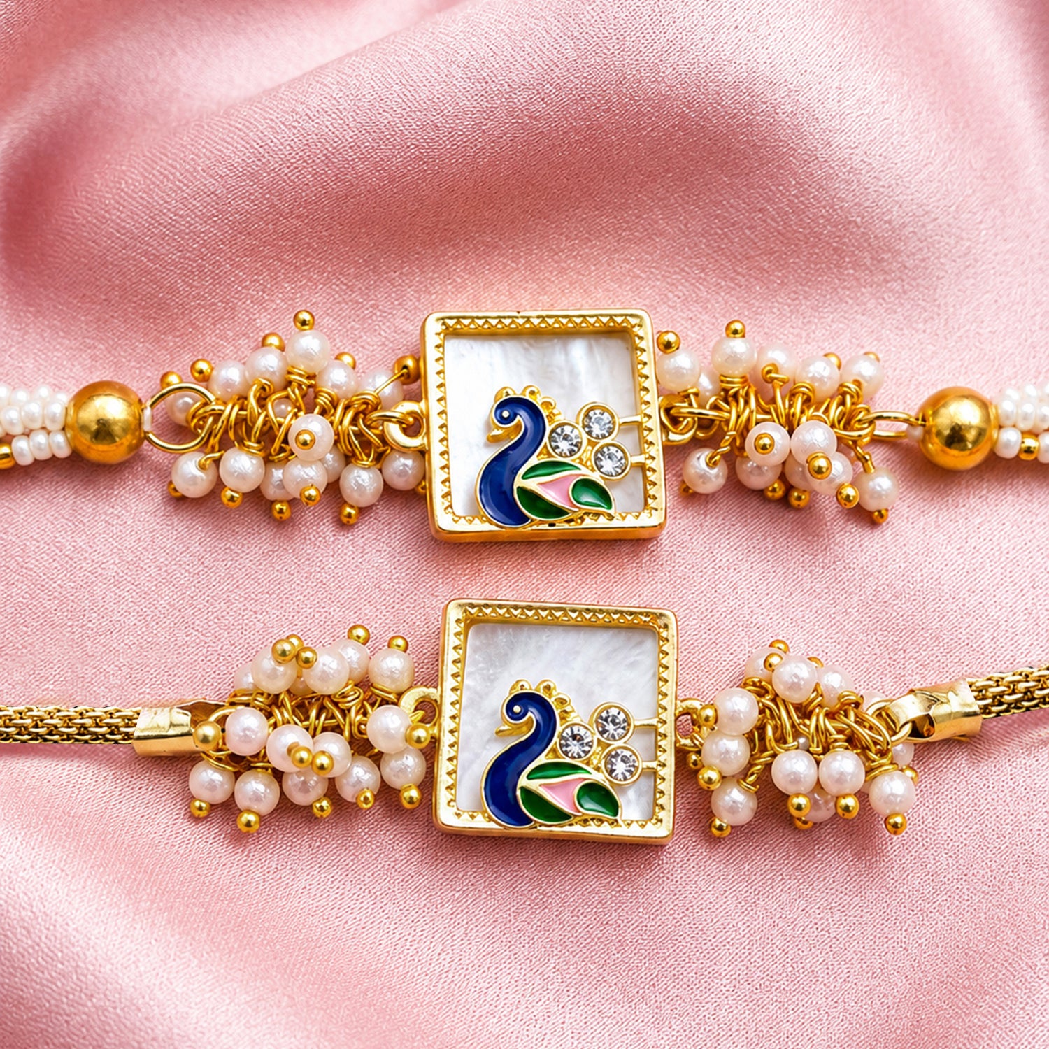 Artklim Royal Peacock Bhaiya Bhabhi Rakhi Set with Pearl Clusters