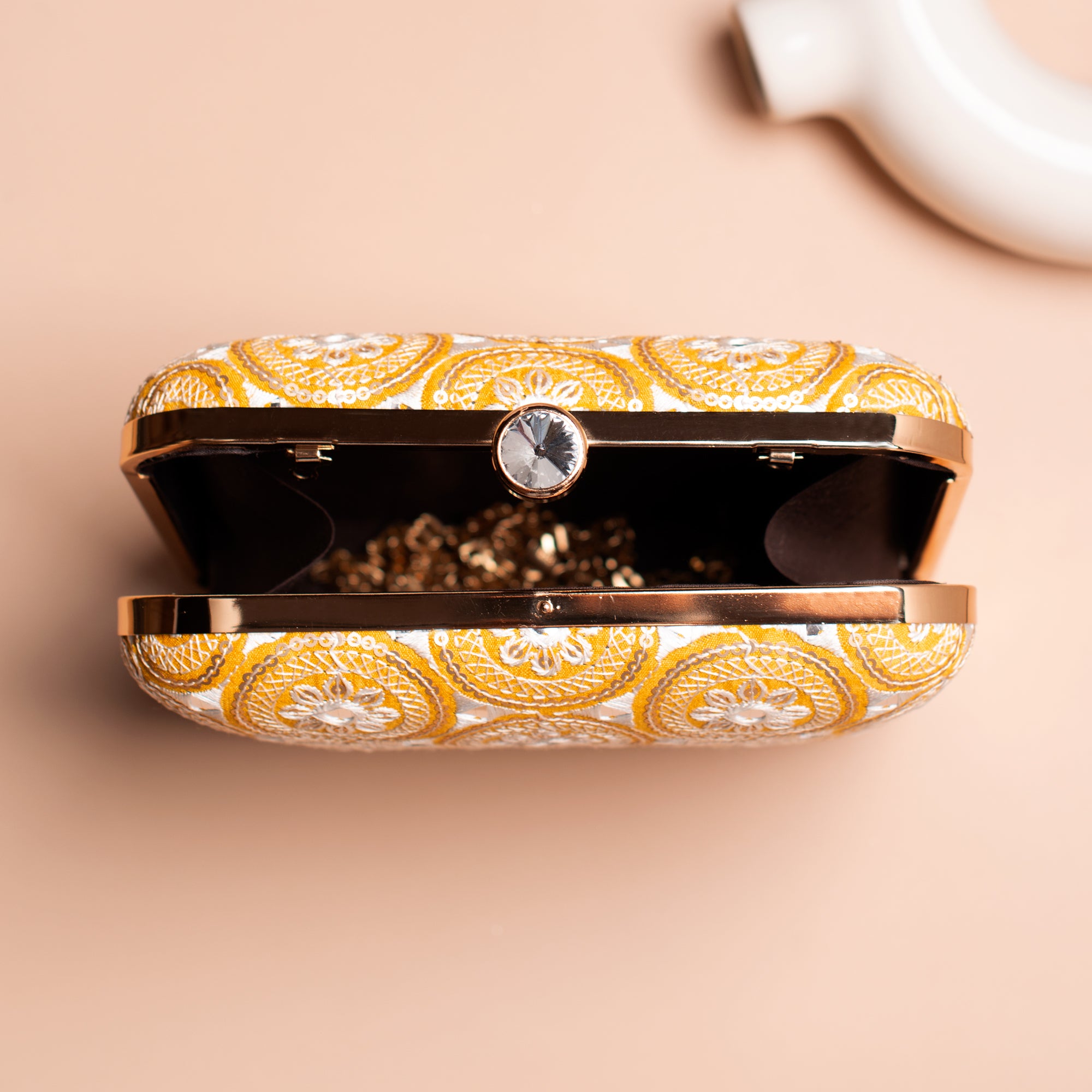 Artklim Yellow Based White Threadwork Embroidery Clutch