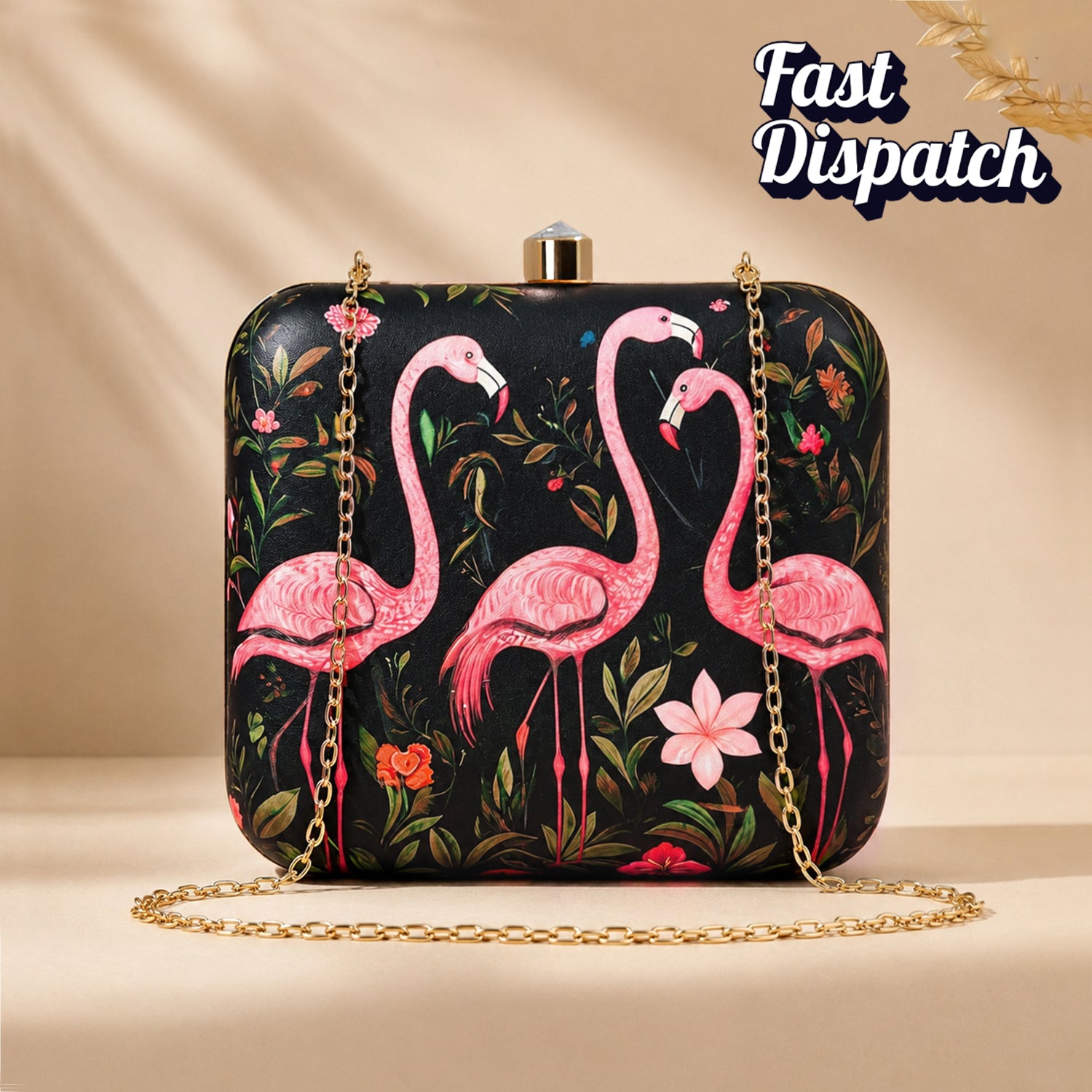 Artklim Black Based Pink Flamingo Printed Clutch