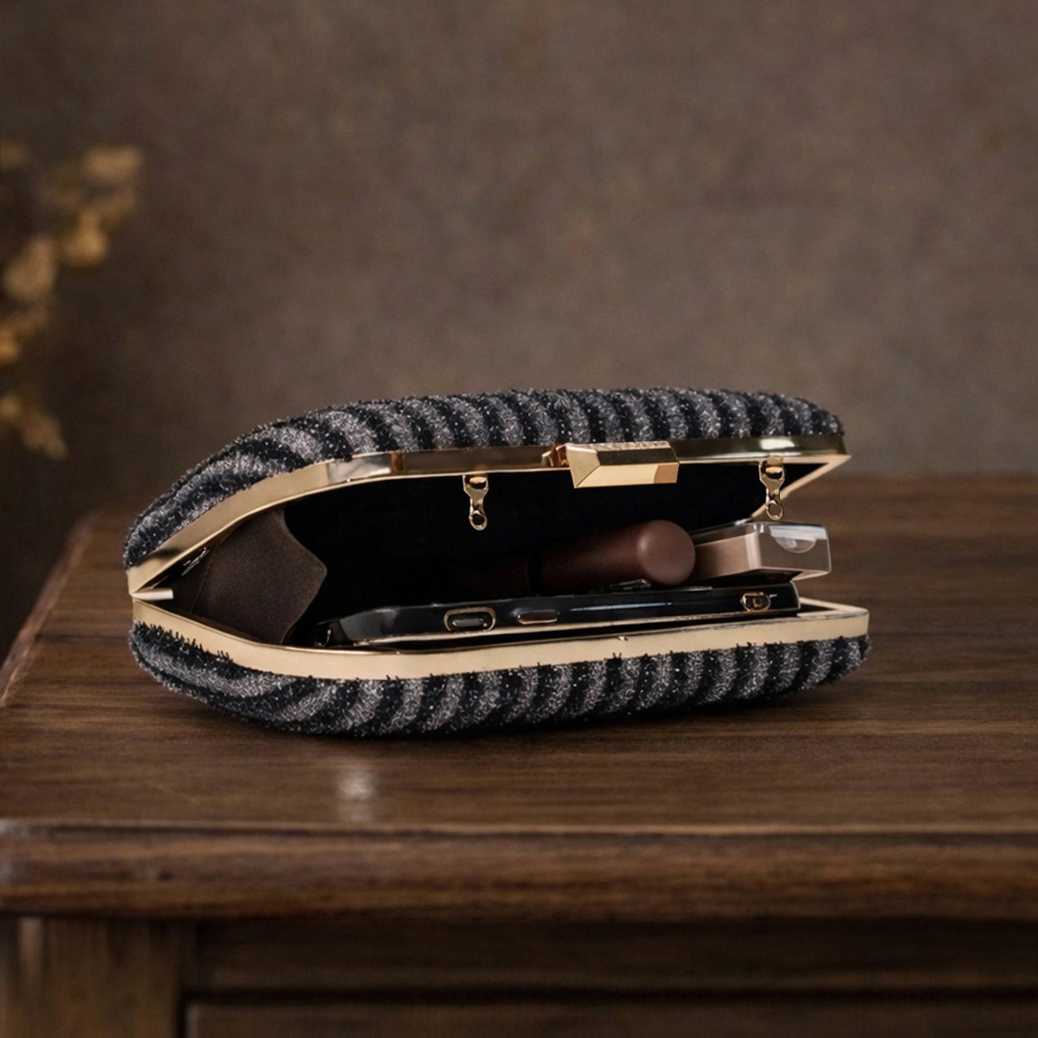 Artklim Black & Silver Striped Glitter Embroidery Clutch
