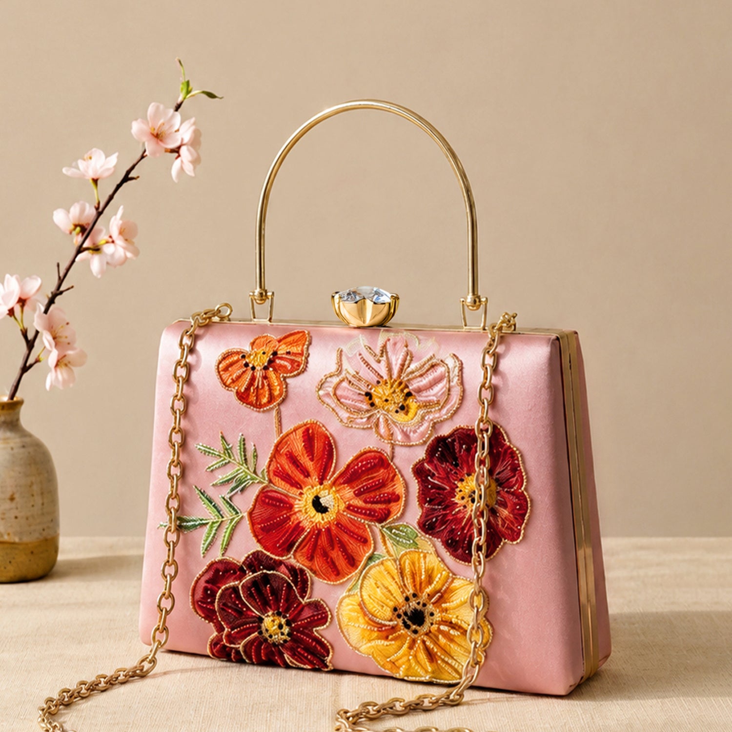 Artklim Printed Blossom Elegance Floral Clutch with Hand Embroidery