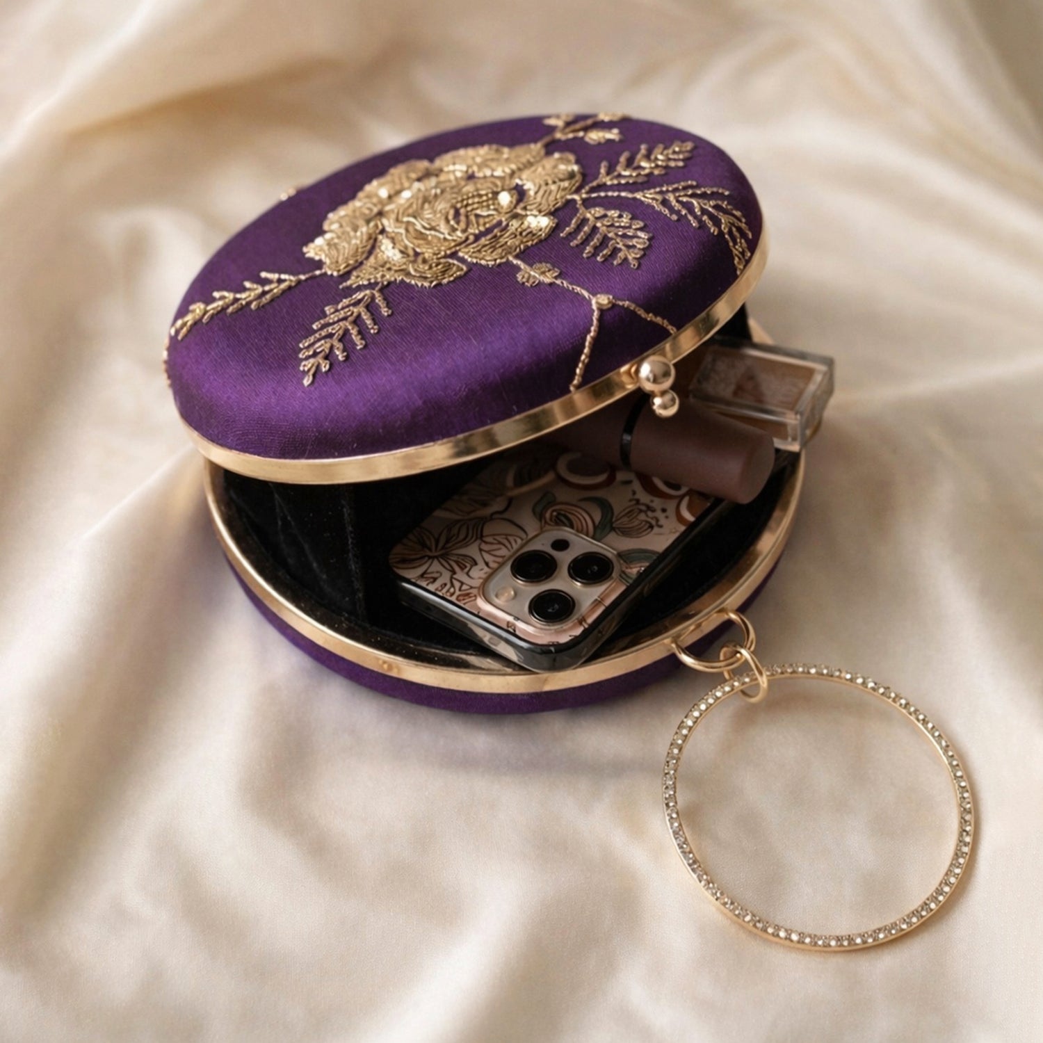 Artklim Deep Violet Floral Round Clutch