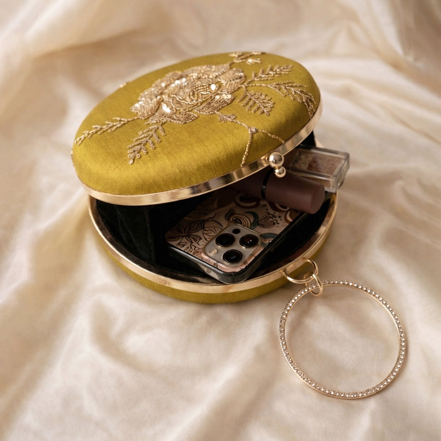 Artklim Mustard Yellow Floral Embroidered Round Clutch