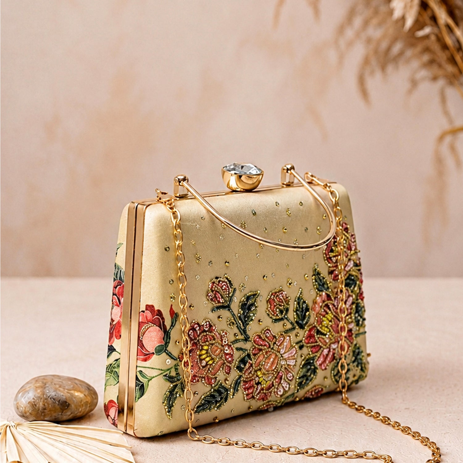 Artklim Gold Floral Embellished Luxury Clutch Bag