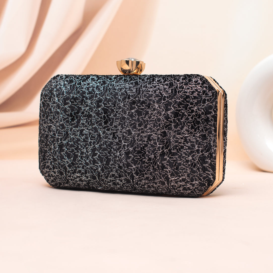 Artklim Textured Black Embroidery Clutch