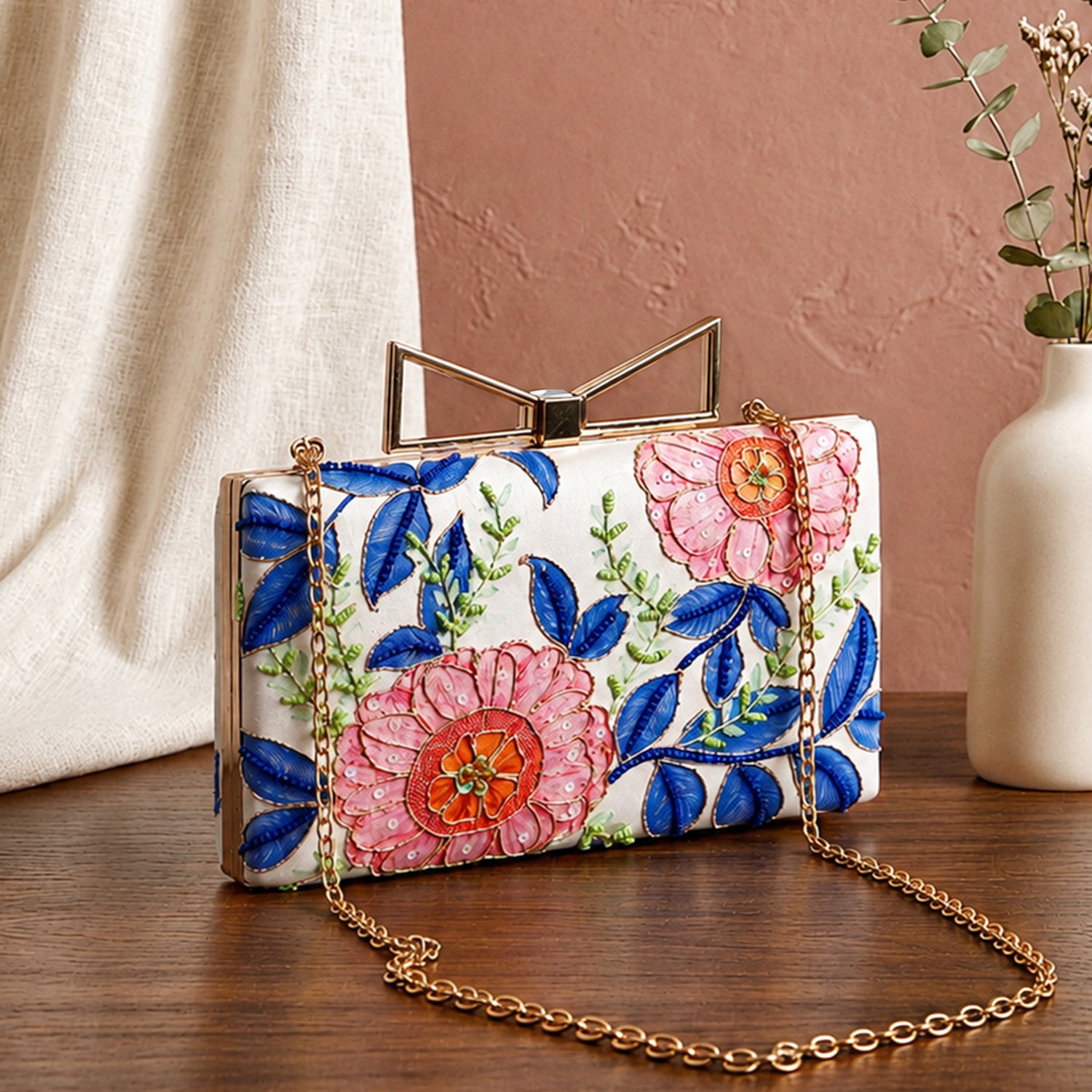 Artklim Printed White Pink & Blue Floral Designer Clutch with Hand Embroidery