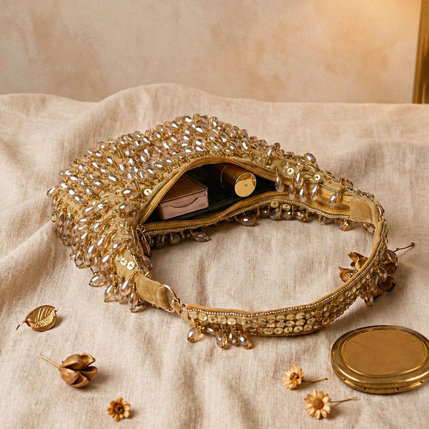 Artklim Luxe Golden Beaded Elegant Embroidery Clutch