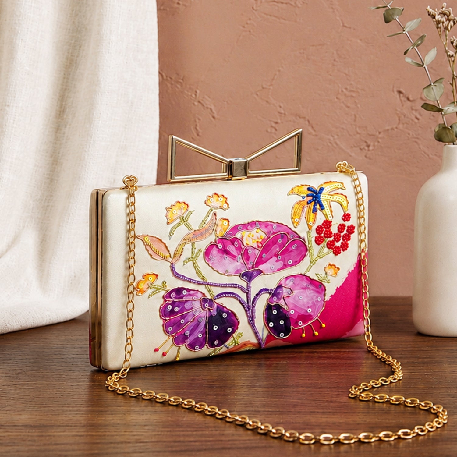 Artklim Printed Floral Designer Clutch with Hand Embroidery