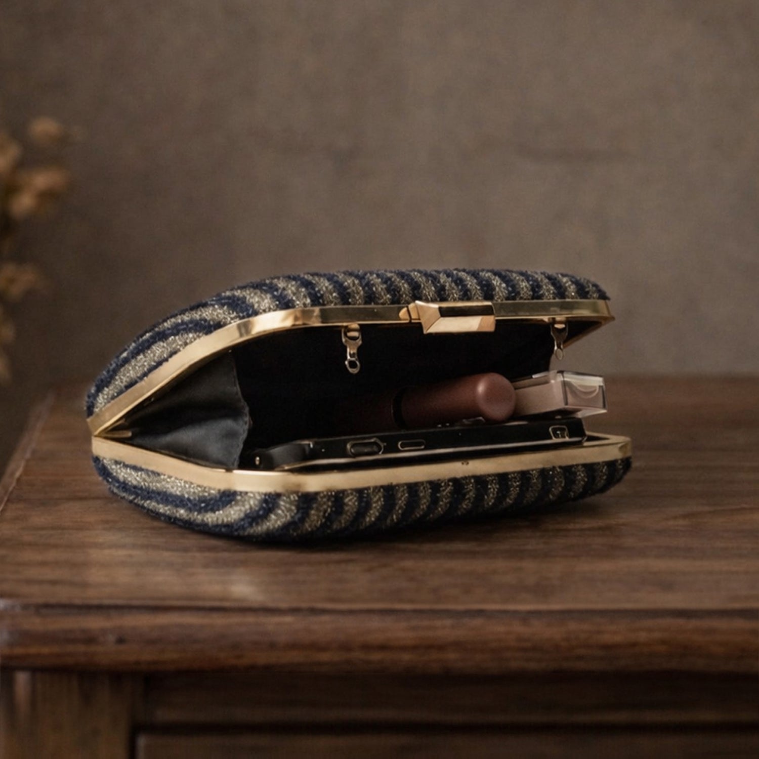 Artklim Navy Blue & Gold Striped Glitter Embroidery Clutch