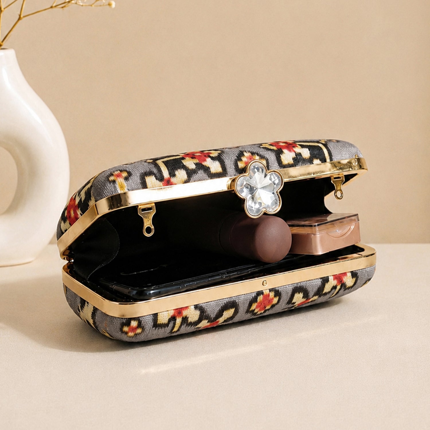 Artklim Grey Red Ethnic Geometric Floral Pattern Printed Clutch