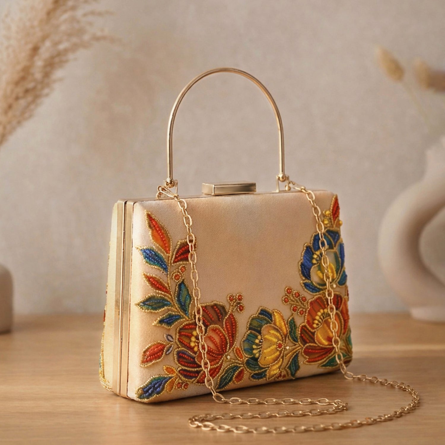Artklim Printed Gold Floral Embellished Clutch with Hand Embroidery