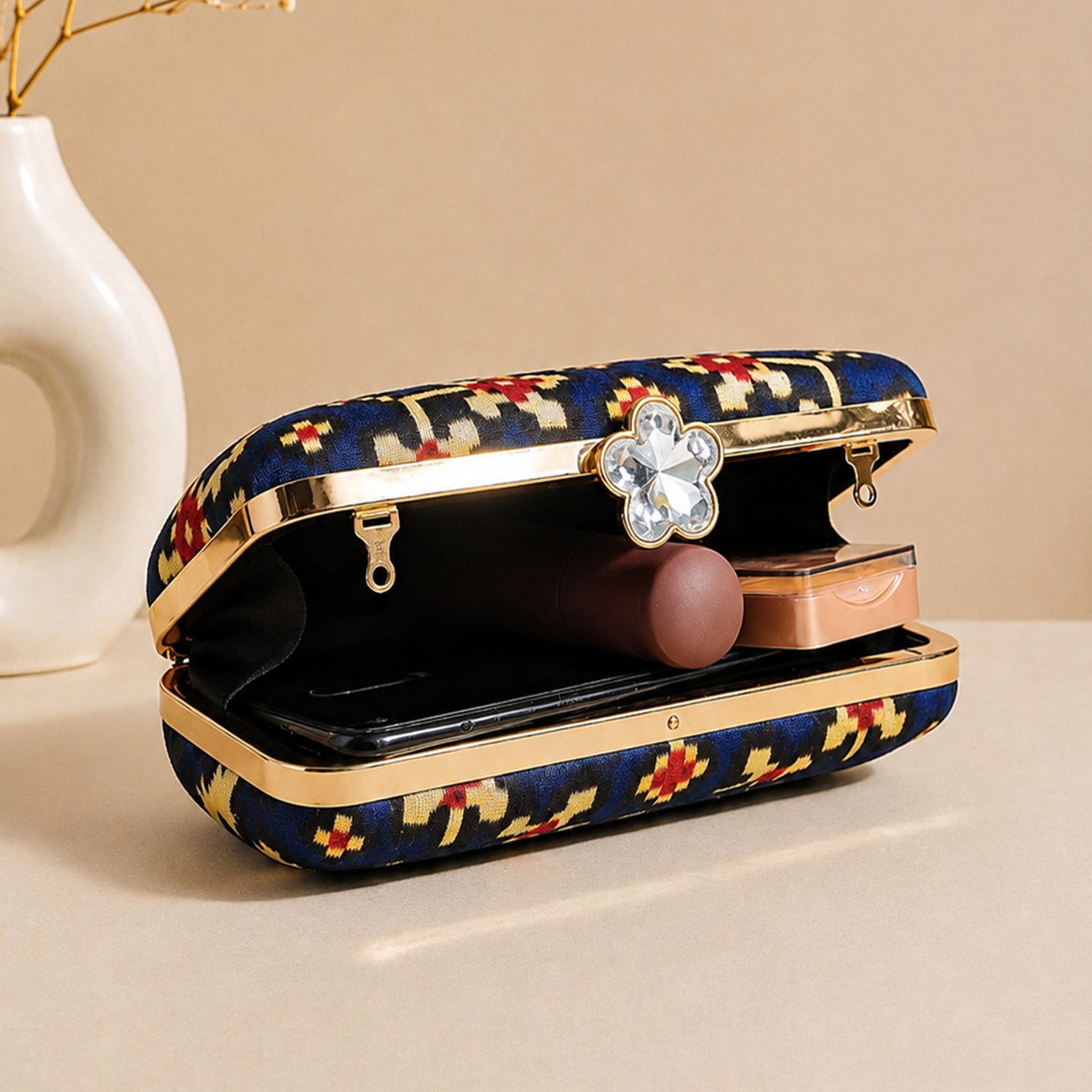 Artklim Royal Blue Red Ethnic Geometric Pattern Printed Clutch