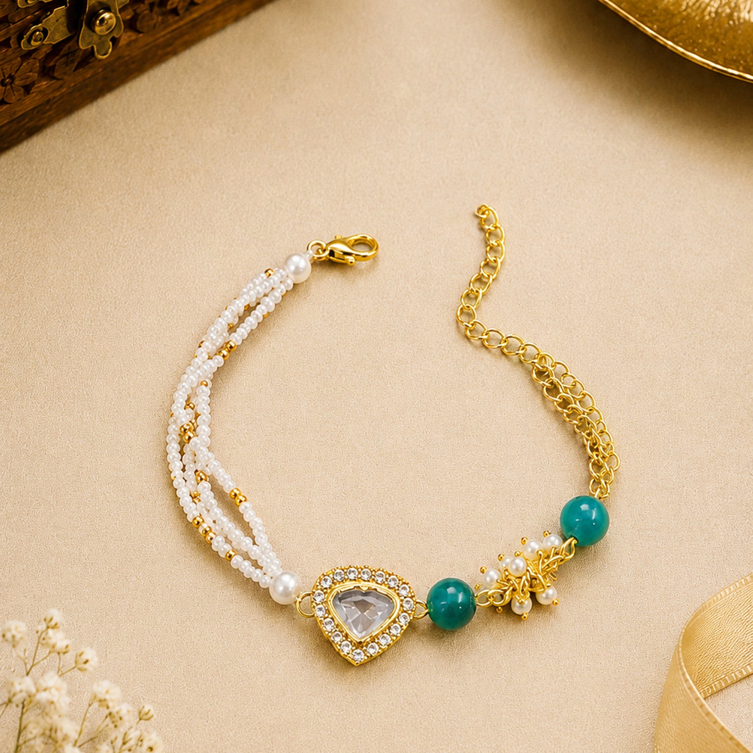 Artklim Gold-Plated Teardrop Kundan Bhaiya bhabhi Rakhi Set