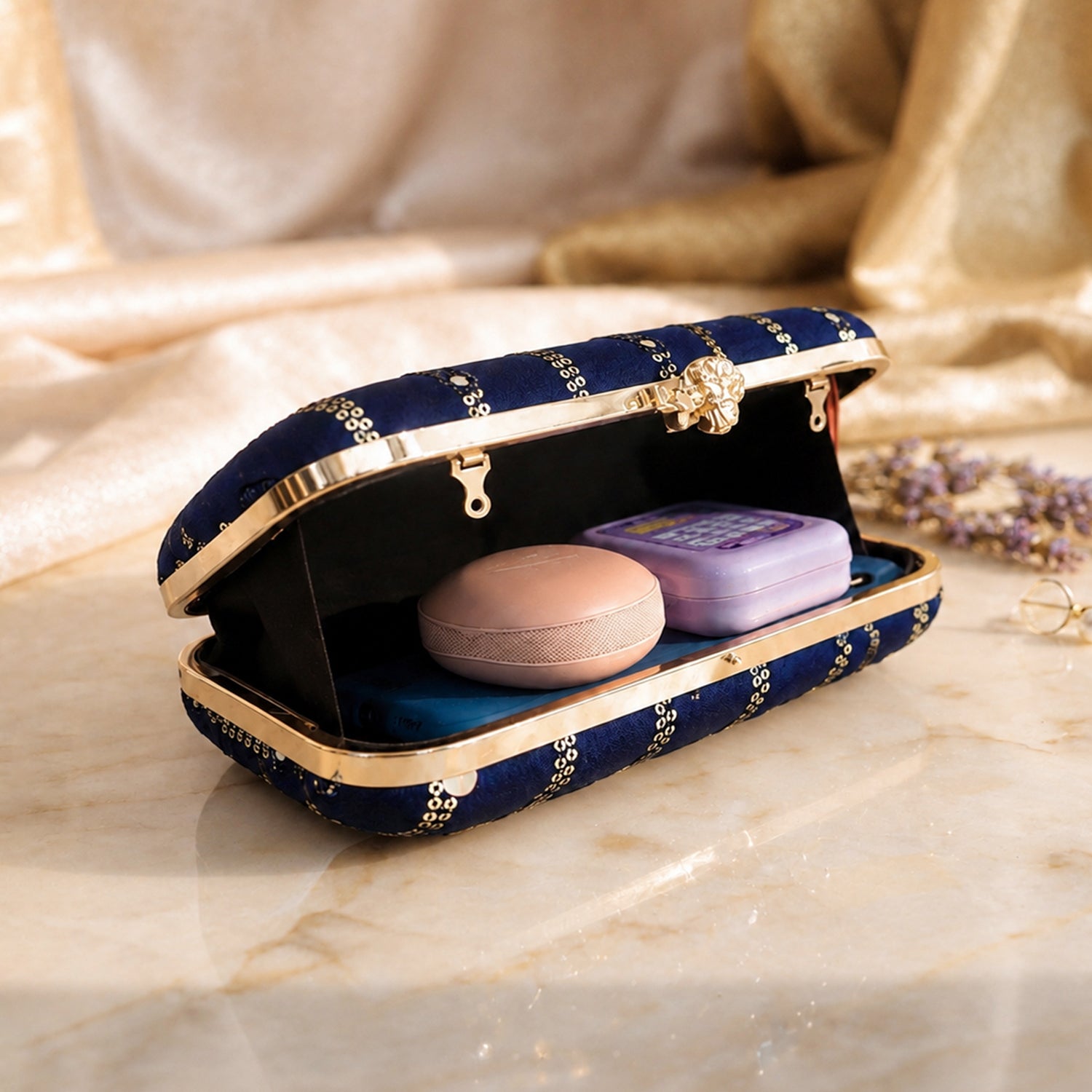 Artklim Elegant Navy Blue Embellished Embroidered Clutch Bag