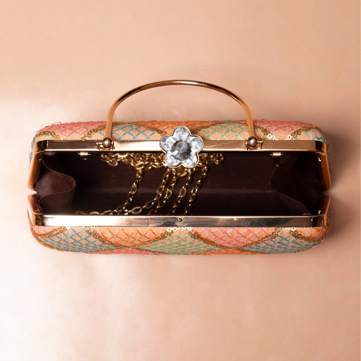 Artklim Beige Based Multicolored Threadwork Embroidery Clutch
