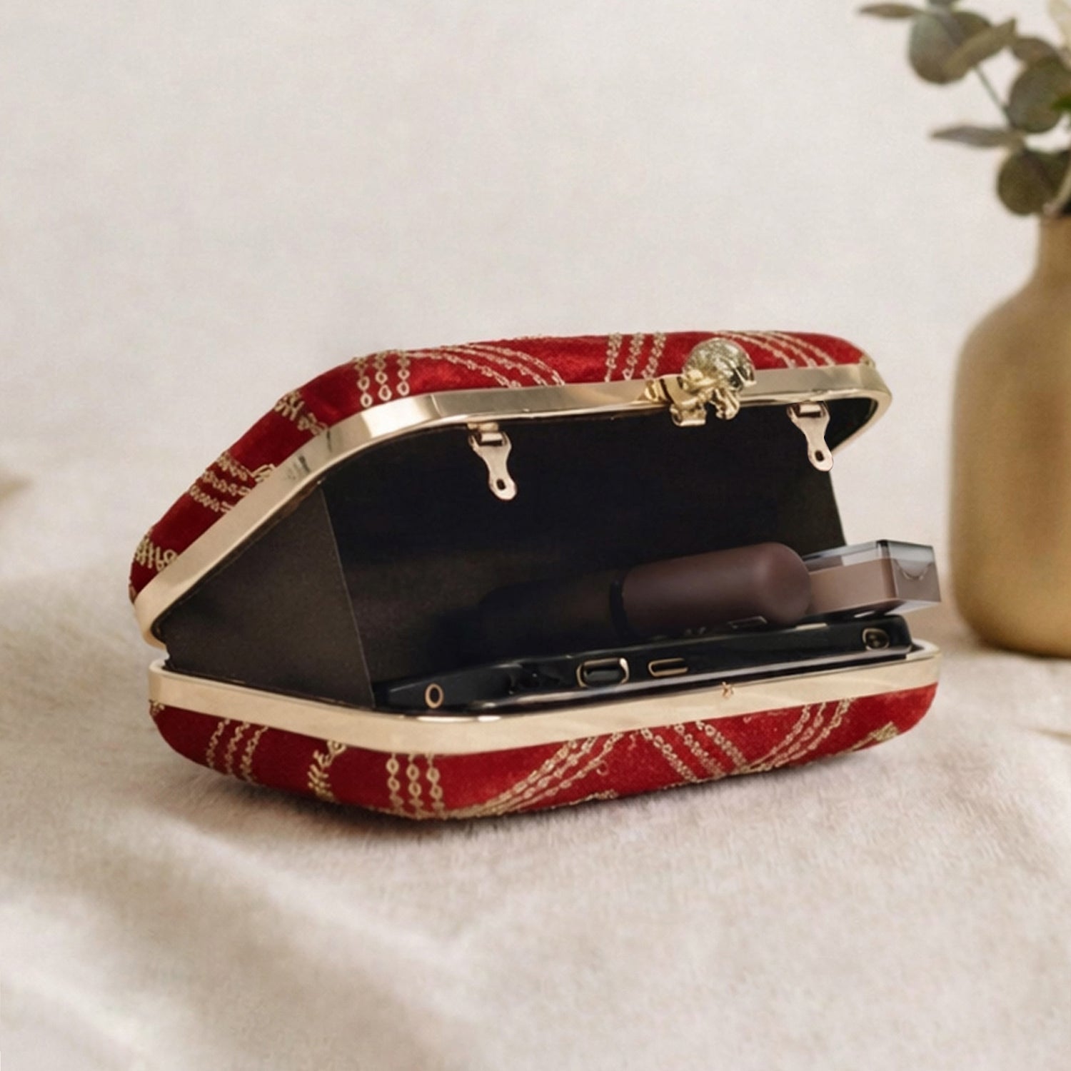 Artklim Royal Red Velvet Embroidered Clutch