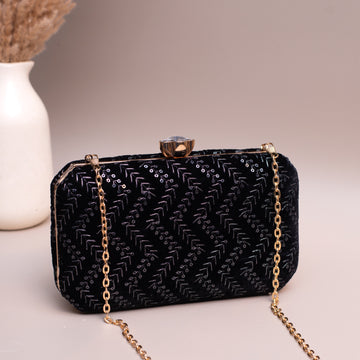 Artklim Black Based Silver Sequins Embroidery Clutch