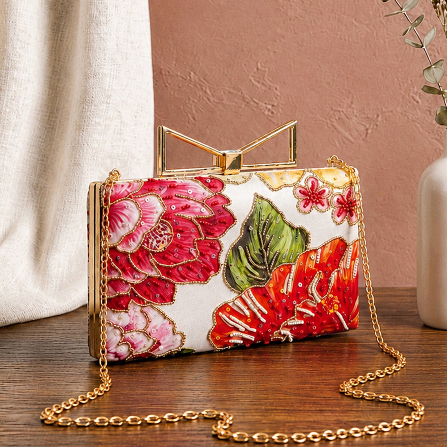 Artklim Printed Multicolor Floral Designer Clutch with Hand Embroidery