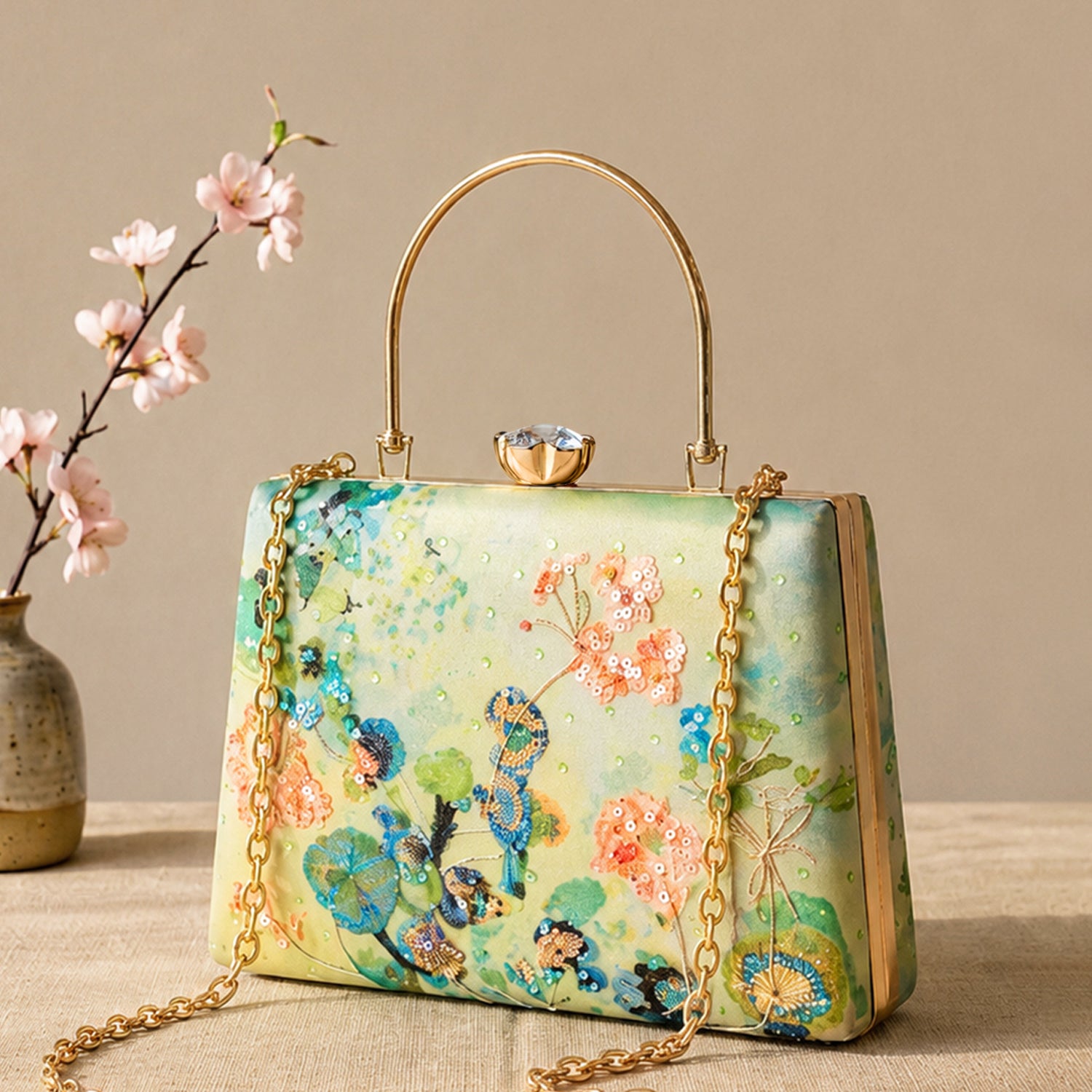 Artklim Printed Pastel Botanical Bloom Artistic Clutch with Hand Embroidery