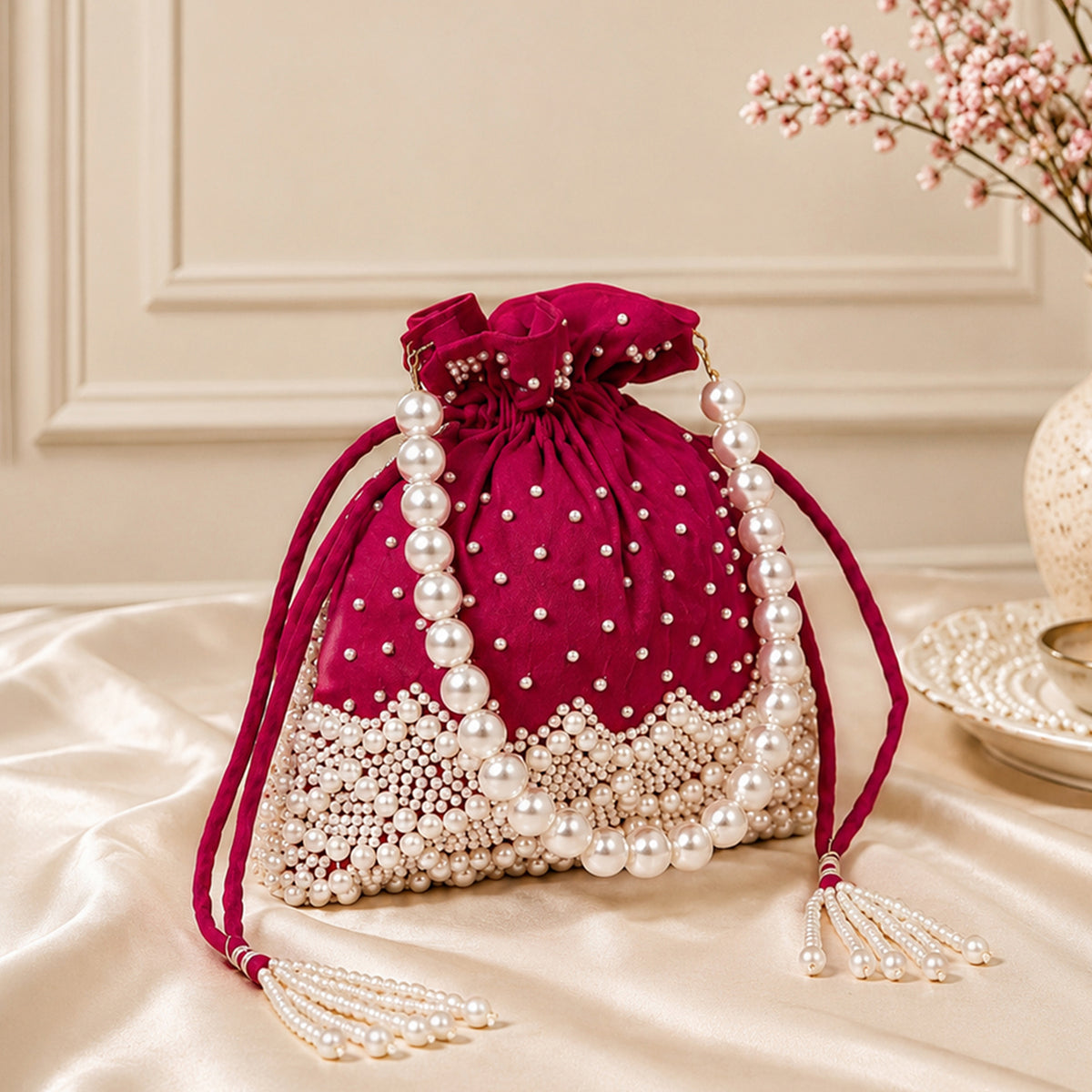 Artklim Pink & White Ethnic Drawstring Potli Clutch