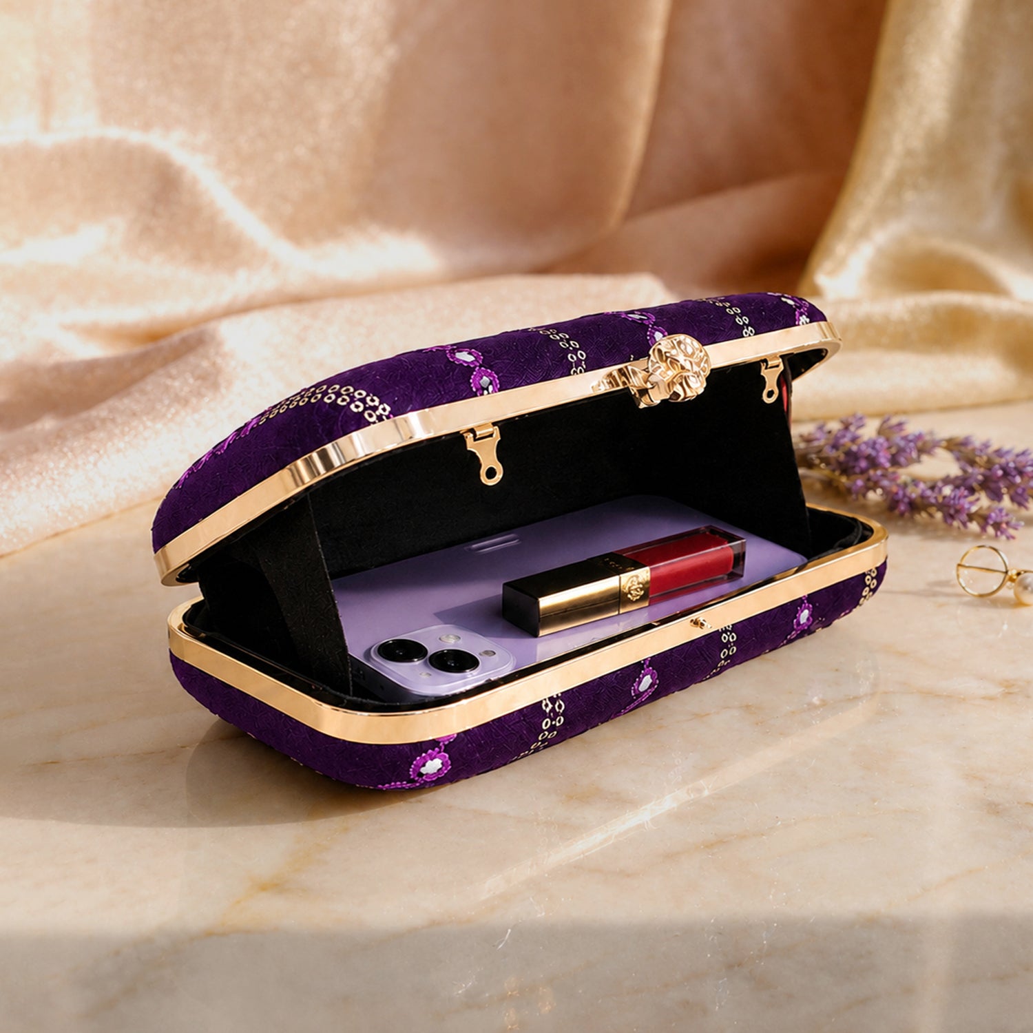 Artklim Elegant Purple Embellished EmbroideredClutch Bag