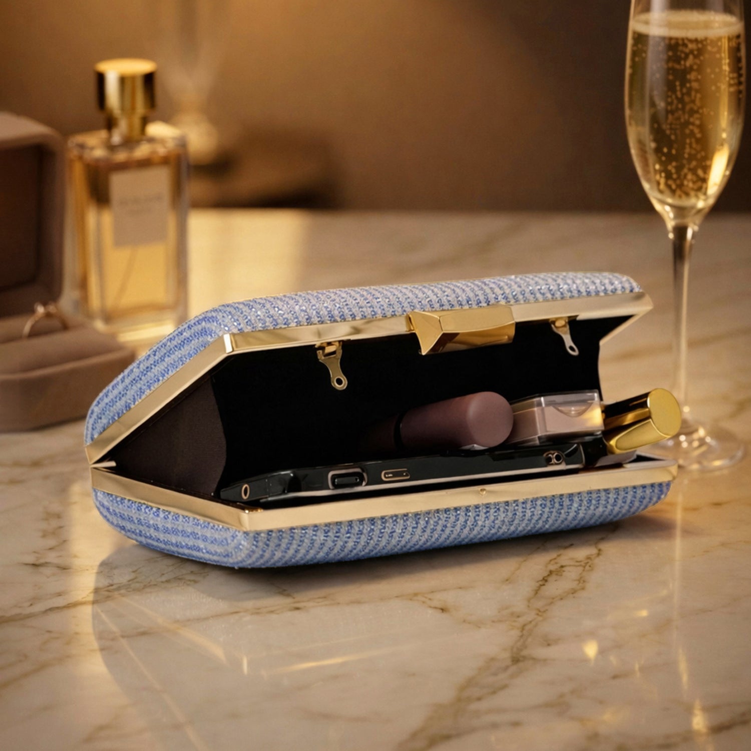 Artklim Elegant Dusty Blue Textured Shimmer Clutch