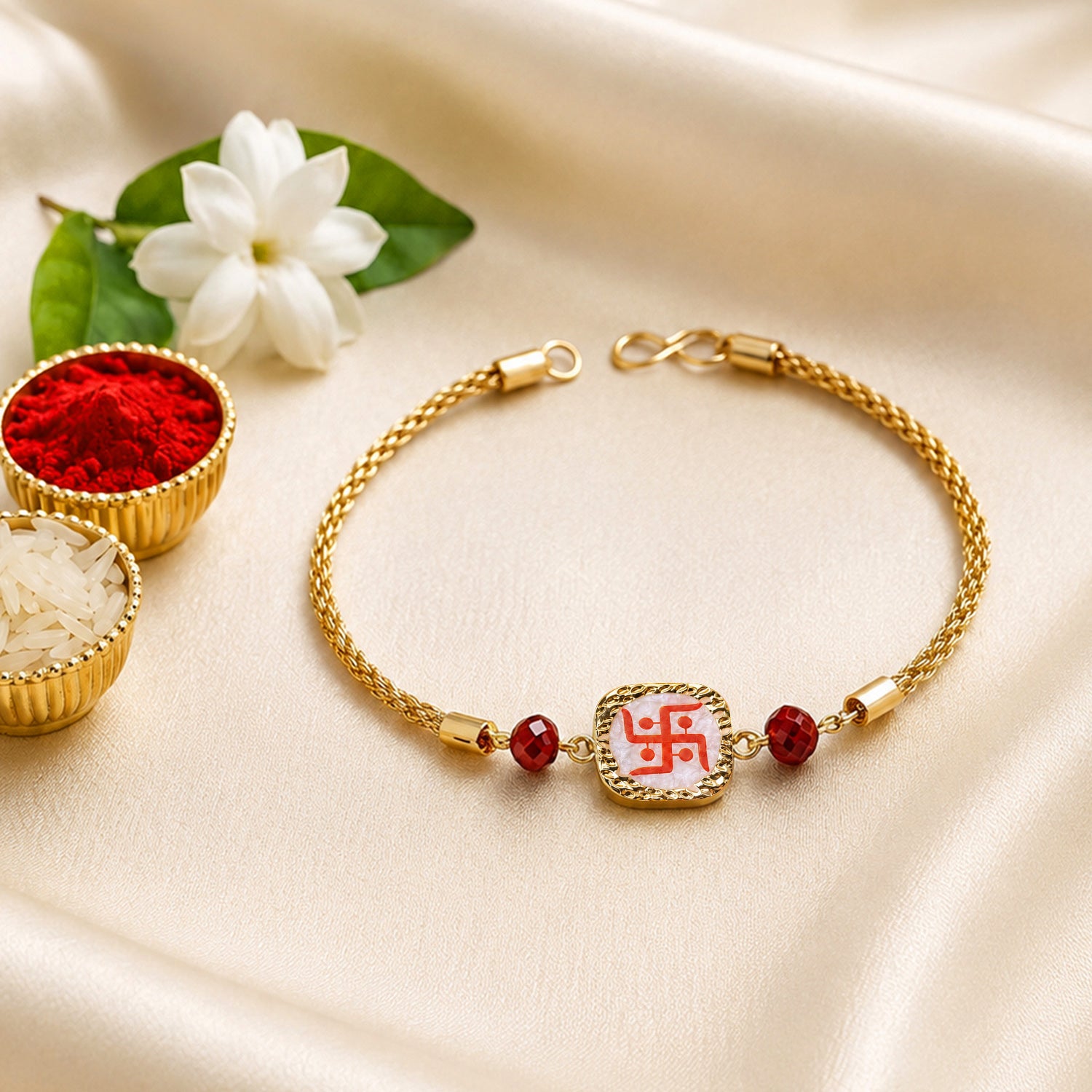Artklim Traditional Swastik Charm Rakhi with Red Beads
