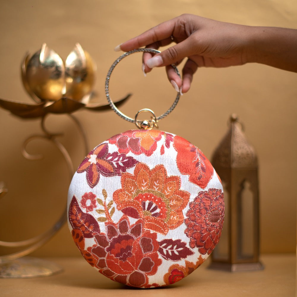 Orange Floral Embroidery Round Clutch