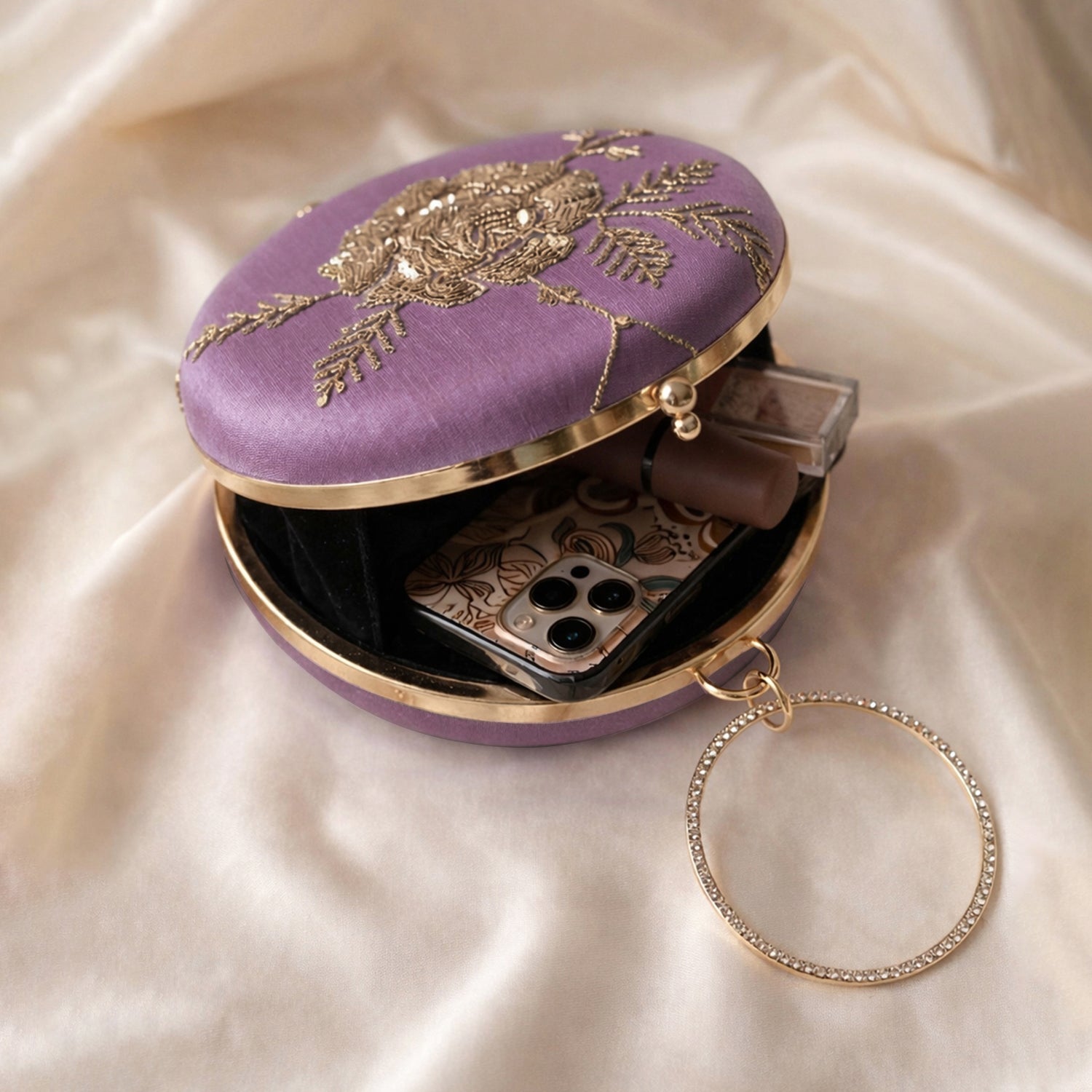 Artklim Lavender Floral Embroidered Round Clutch