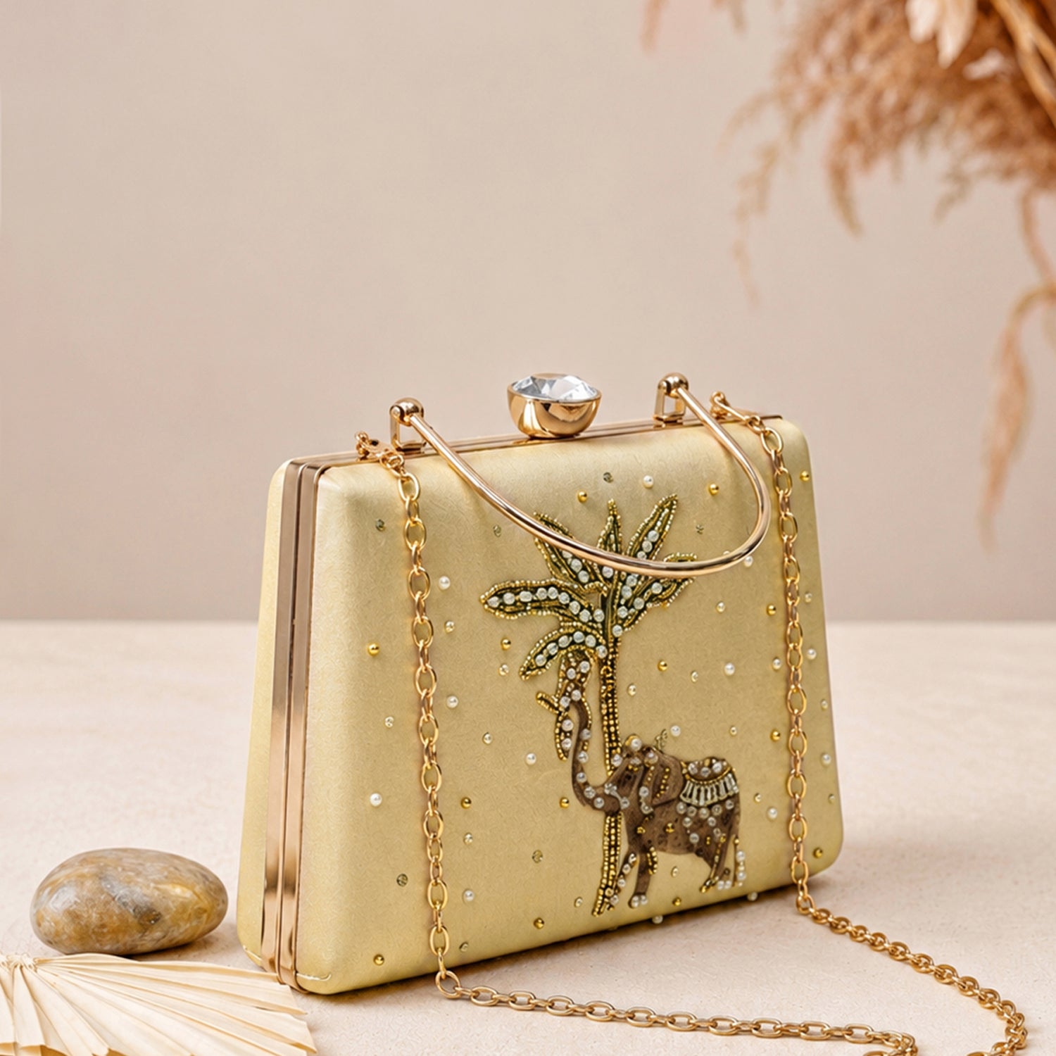 Artklim Majestic Elephant Palm Embellished Clutch