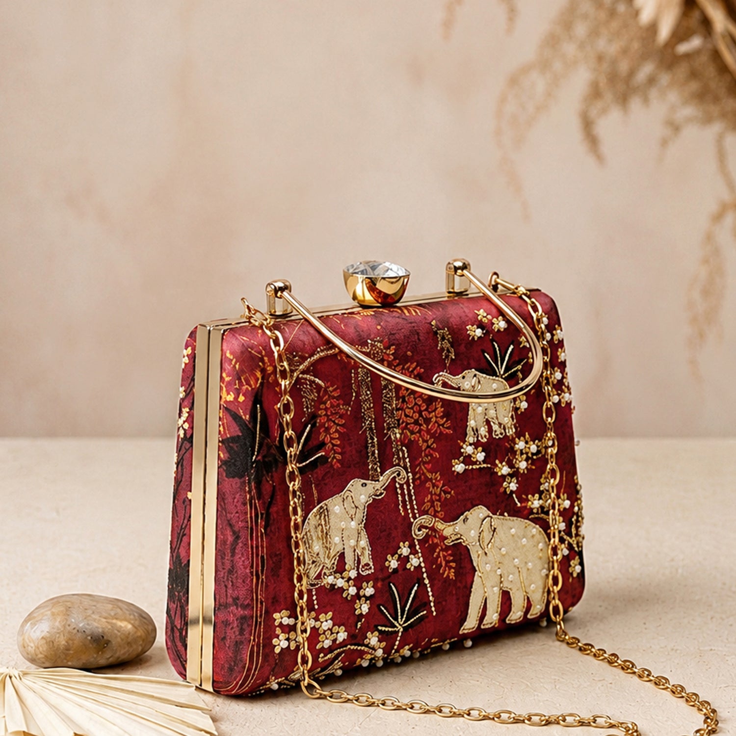 Artklim Crimson Elephant Garden Embroidered Clutch