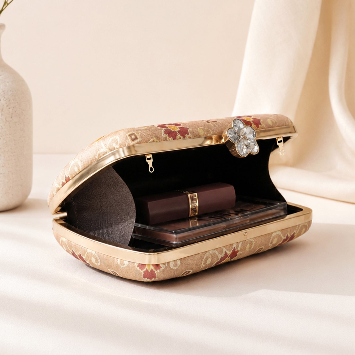 Artklim Beige Ethnic Floral Motif Chain Strap Printed Clutch