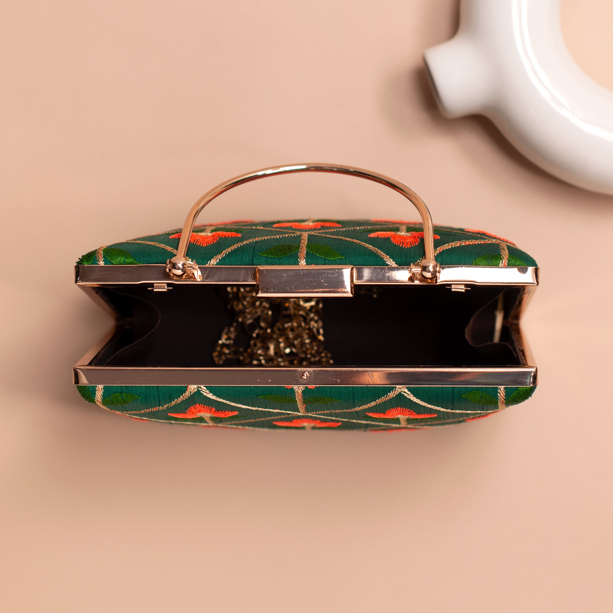 Artklim Green Based Orange Floral Threadwork Embroidery Clutch