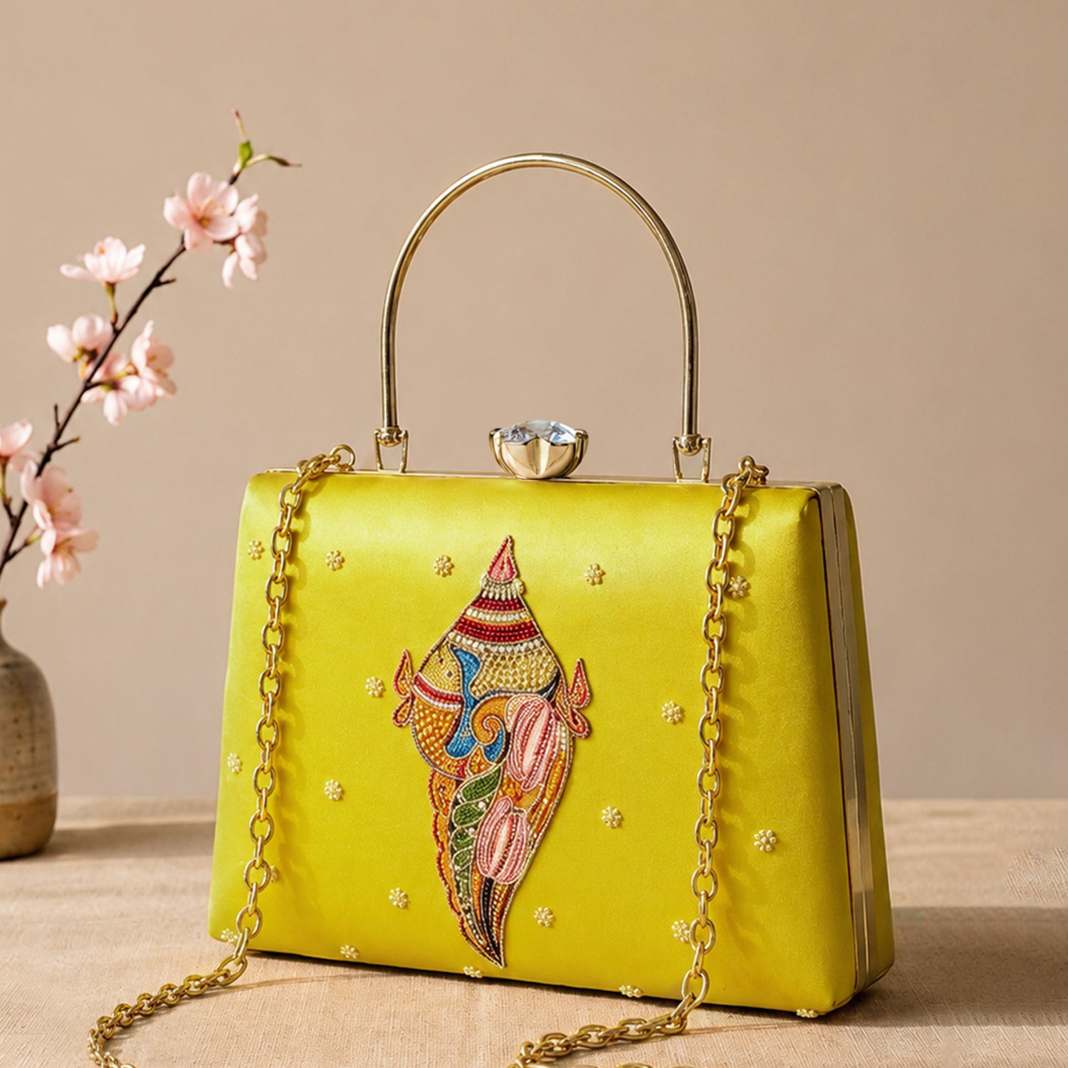 Artklim Printed Heritage Conch Shell Clutch with Hand Embroidery