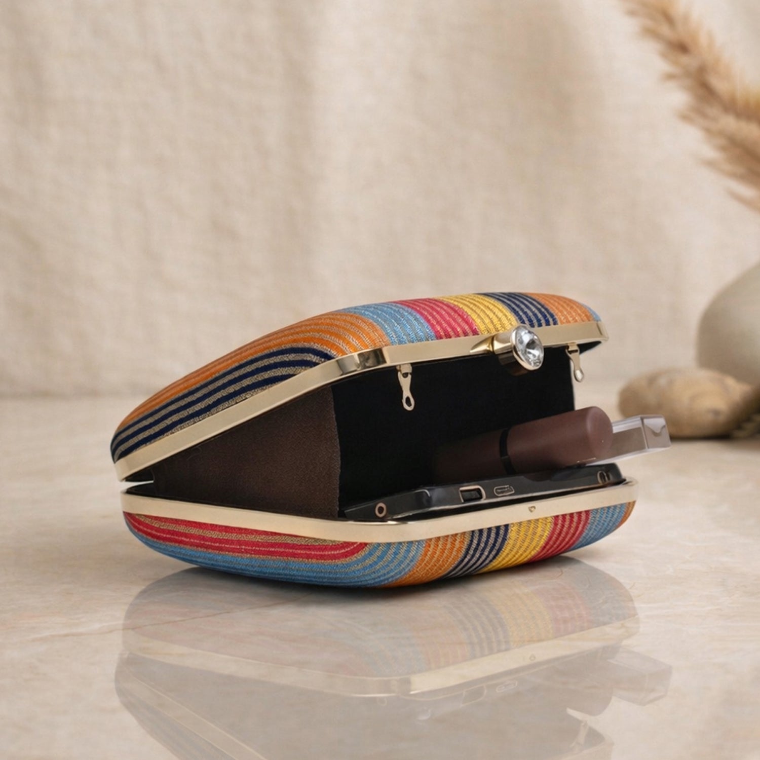 Artklim Elegant Multicolor Striped  Embroidered Clutch