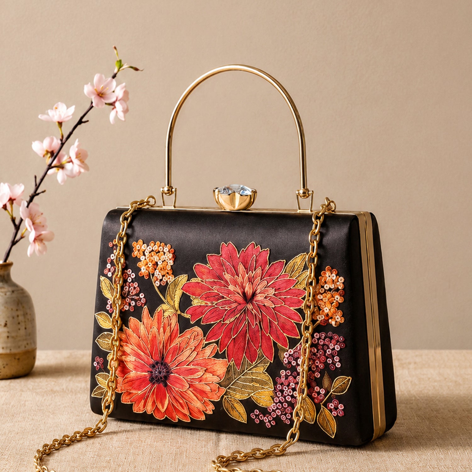 Artklim Printed Midnight Bloom Floral Clutch with Hand Embroidery