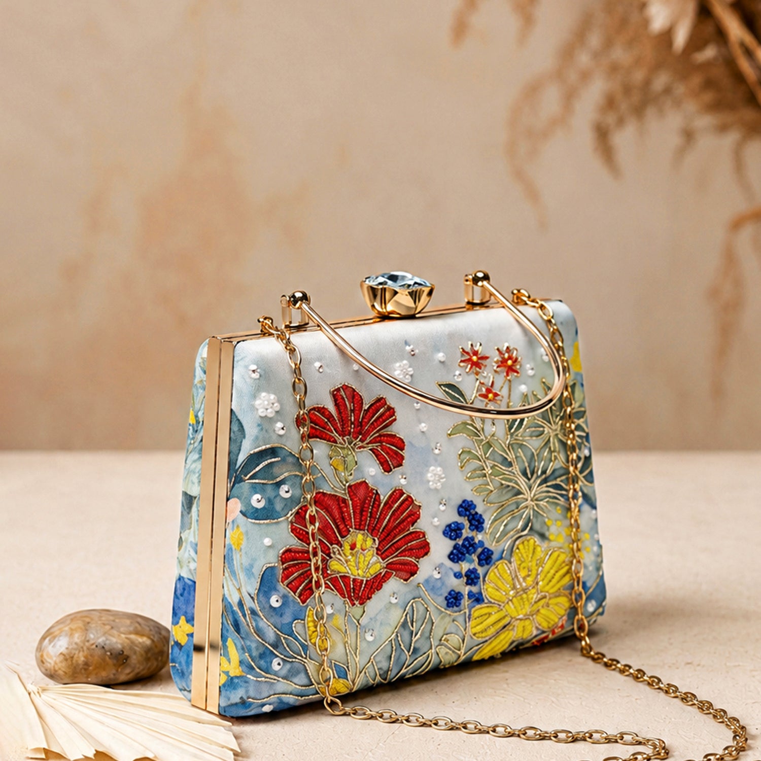 Artklim Blue Floral Artistic Embroidered Clutch
