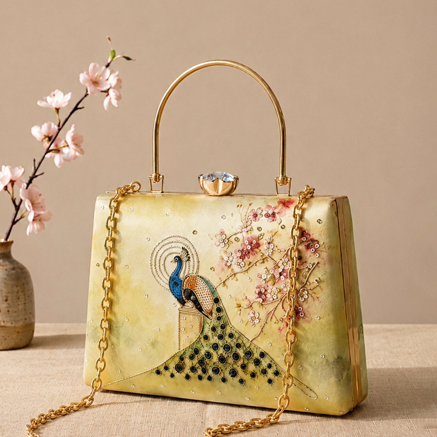 Artklim Printed Royal Peacock Blossom Embellished Clutch with Hand Embroidery