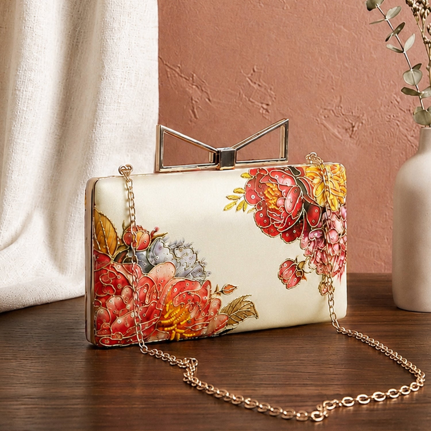 Artklim Printed Ivory Multicolor Floral Designer Clutch with Hand Embroidery