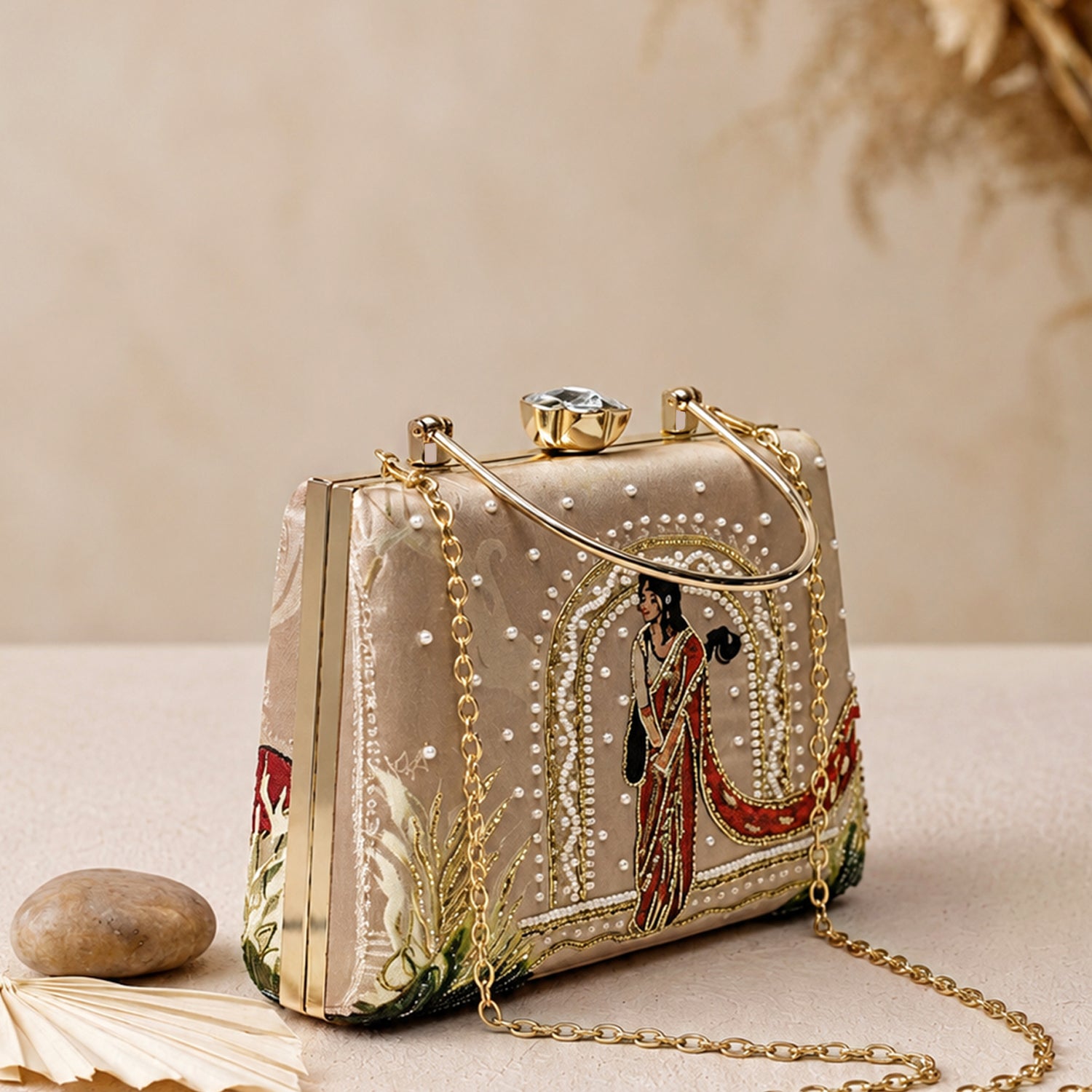 Artklim Beige Traditional Art Embroidered Clutch Bag