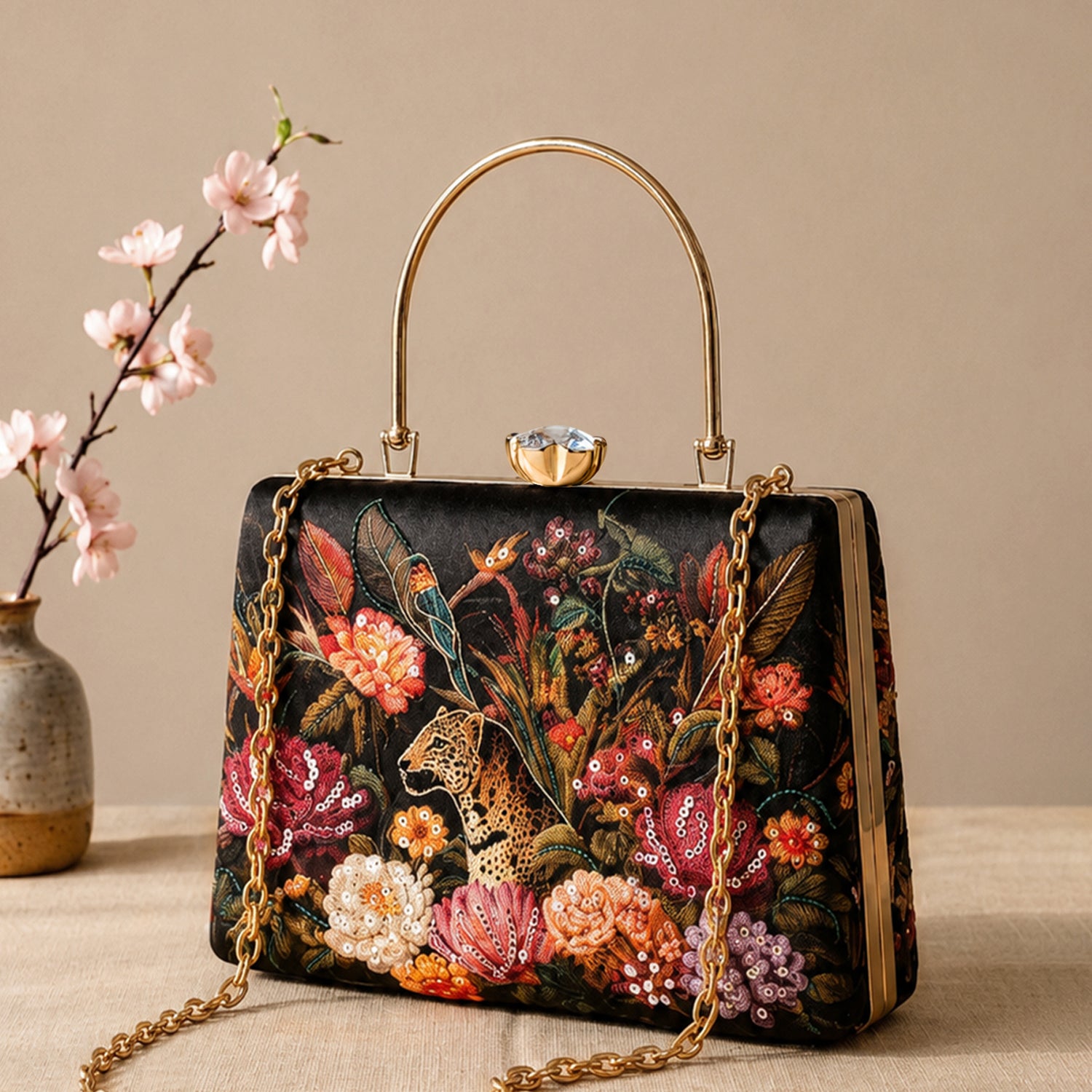 Artklim Printed Wild Garden Leopard Artistic Luxury Clutch with Hand Embroidery