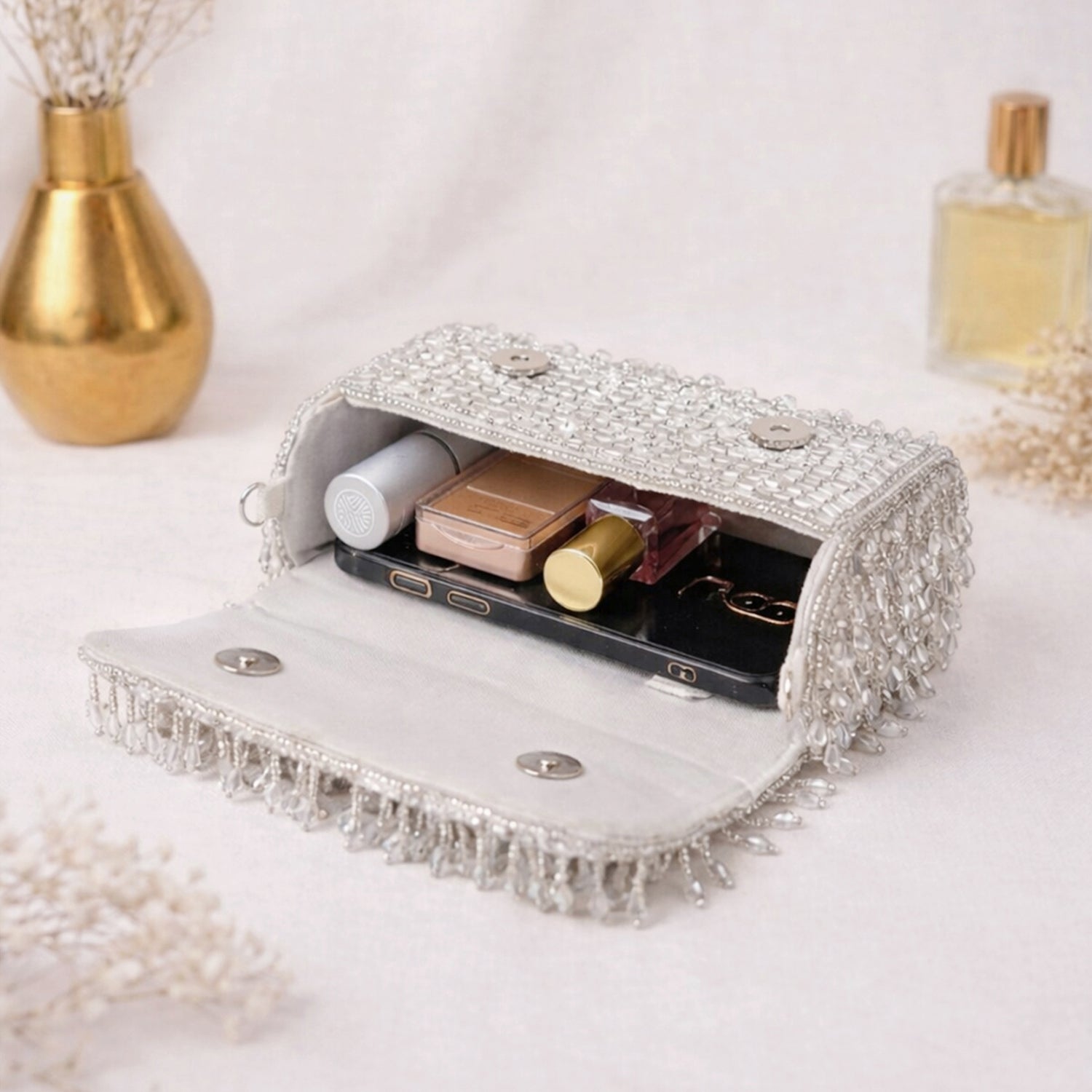 Artklim Crystal Pearl Fringe Clutch