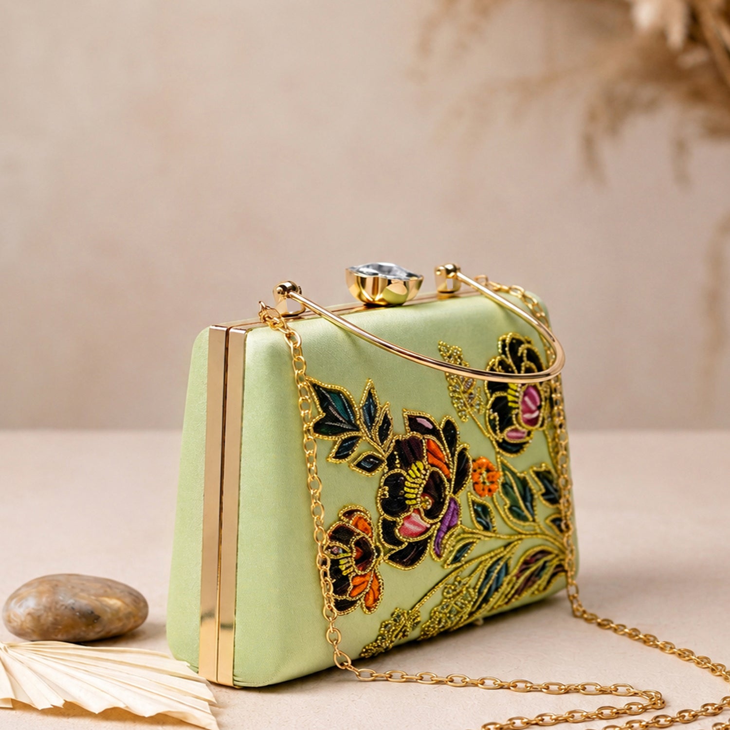 Artklim Green Floral Embroidered Designer Clutch