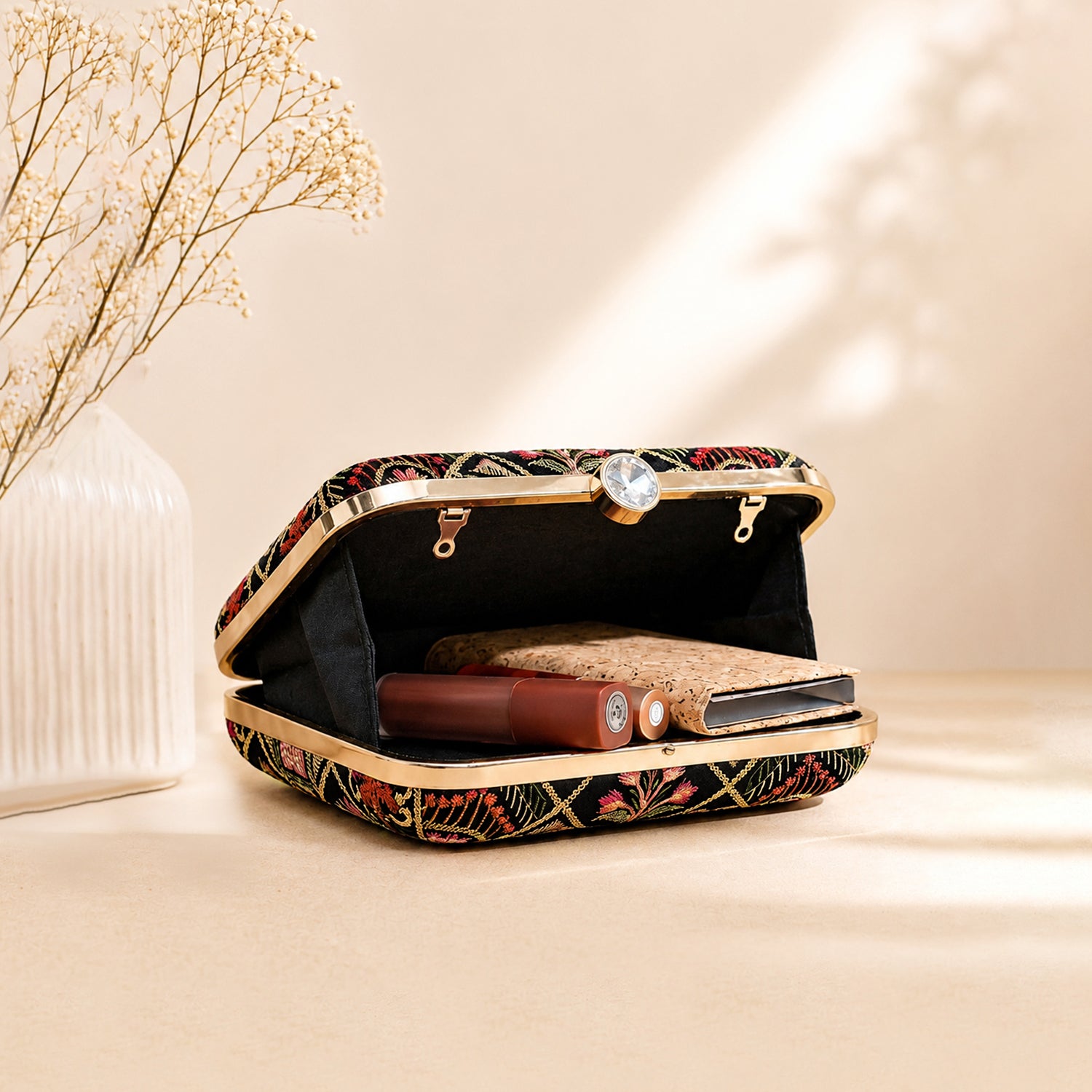 Artklim Black Floral Embroidered Ethnic Designer Clutch